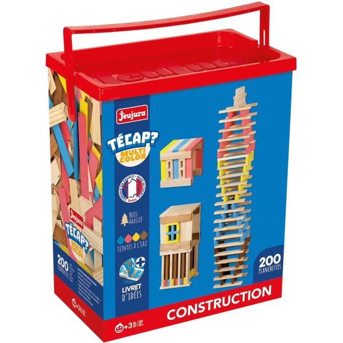 Una scatola con manico rosso con blocchi di legno giocattolo. La scatola è blu con esempi di blocchi colorati. Il testo dice 'Técap multi color' e 'Construction'.
