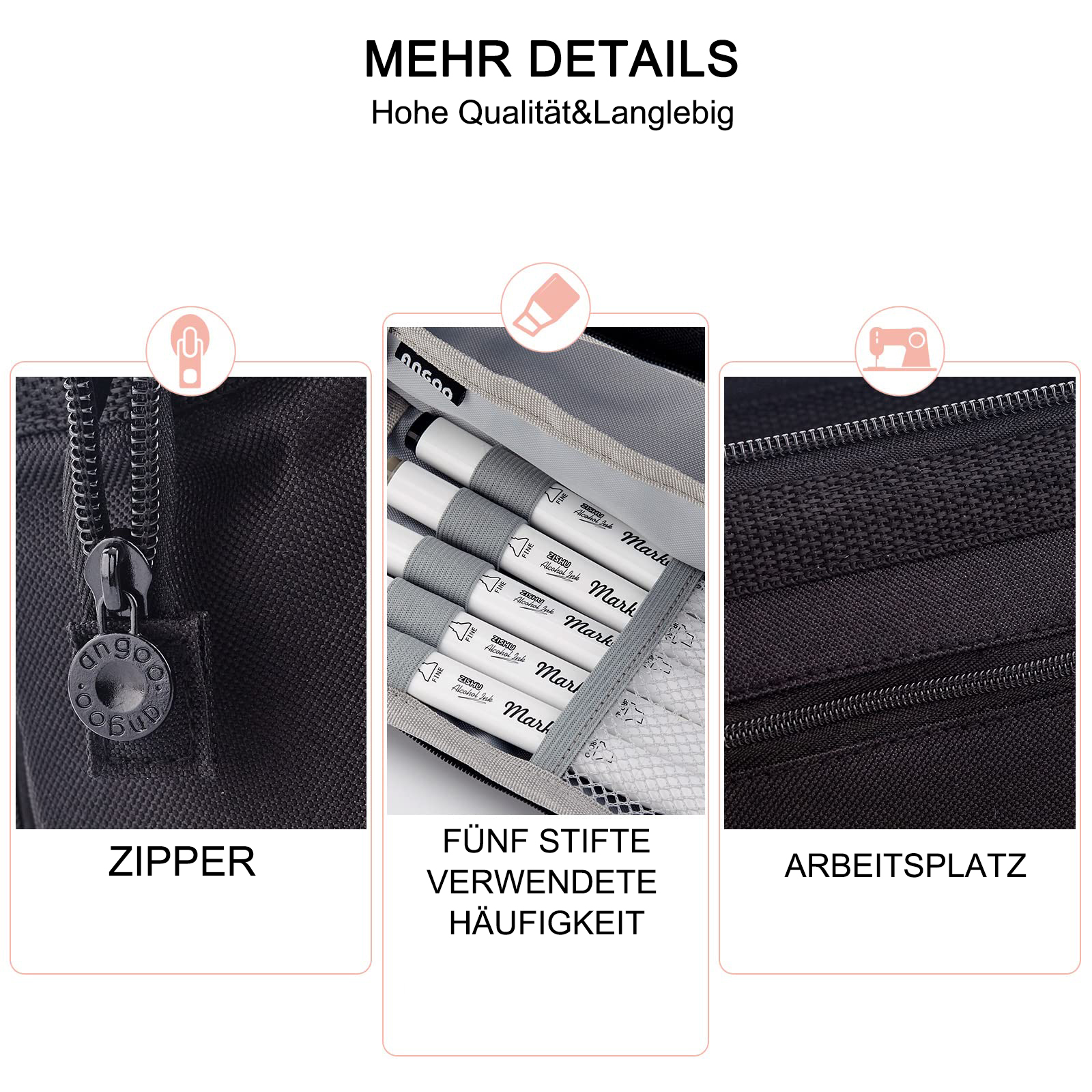 Das Bild zeigt Details eines Federmäppchens, darunter einen Reißverschluss, Marker und das Wort 'Arbeitsplatz'.