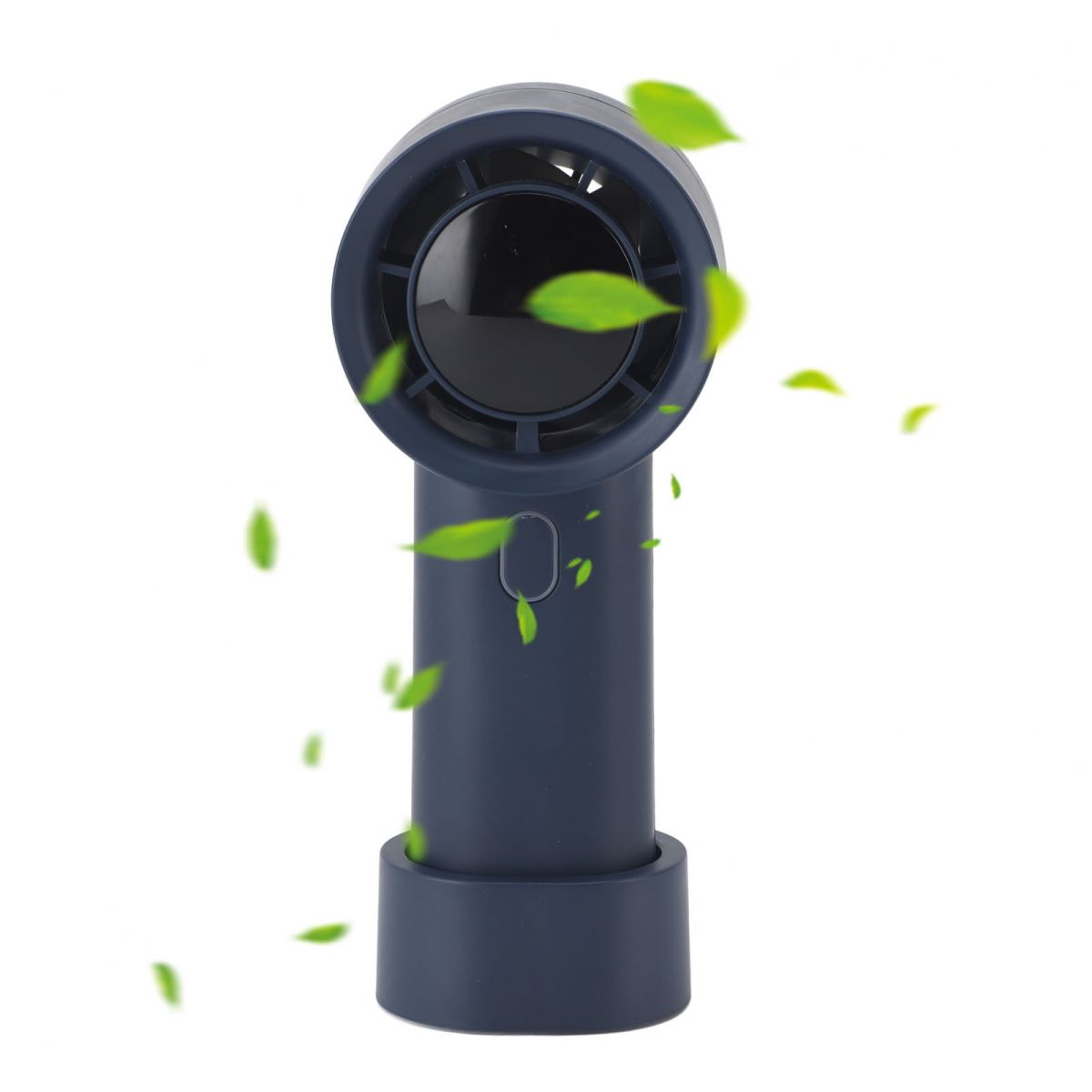 Ein marineblauer tragbarer Ventilator mit rundem Kopf und zylindrischem Griff. Grüne Blätter sind vor weißem Hintergrund verstreut.