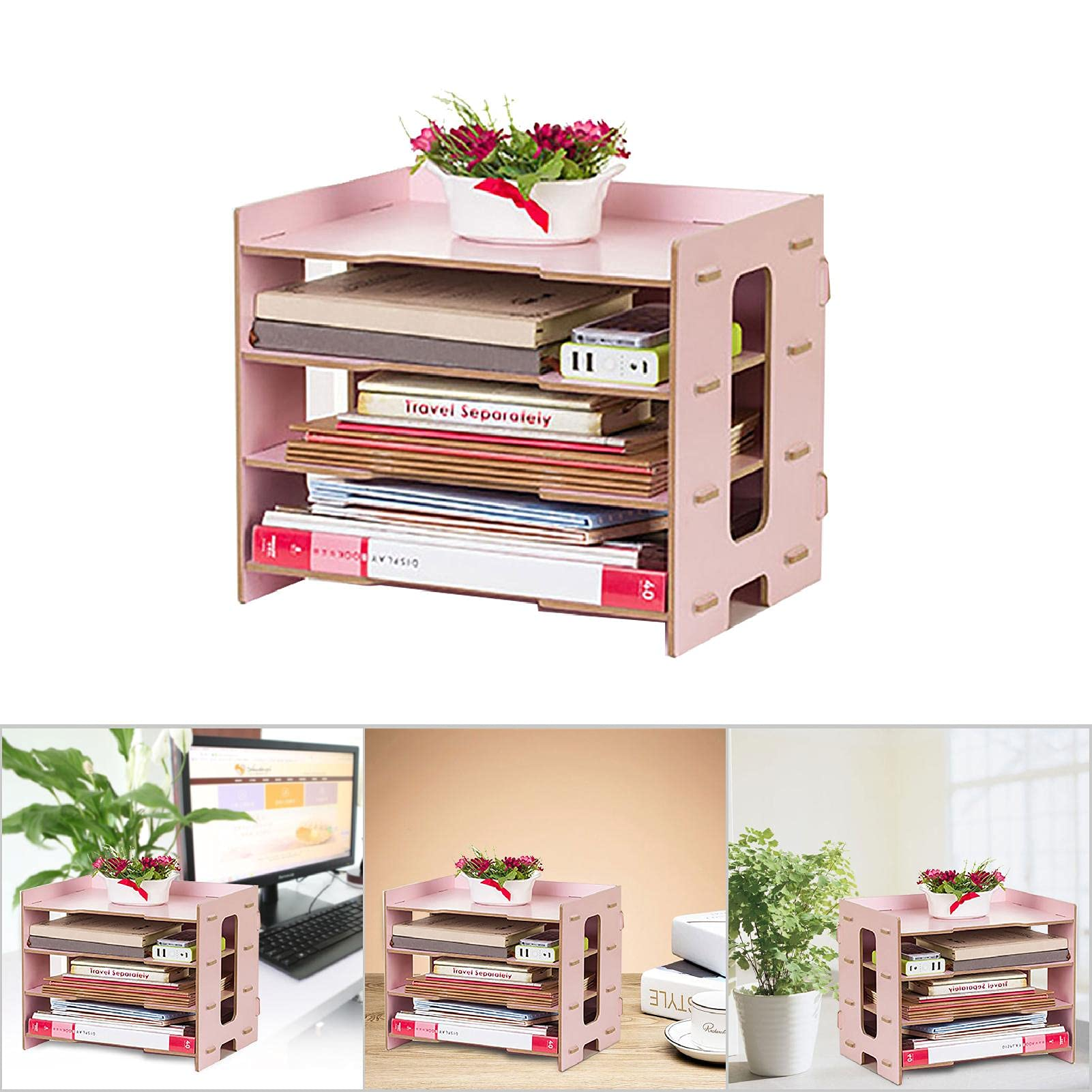 Ein rosa, mehrstufiger Schreibtisch-Organizer enthält Bücher, Papiere und einen kleinen weißen Blumentopf. Zusätzliche Bilder zeigen ähnliche Aufbauten.
