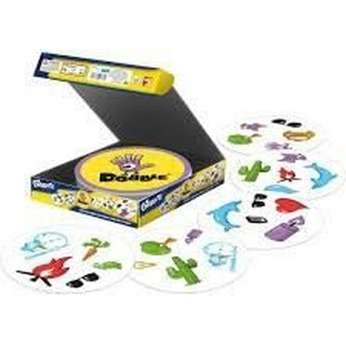 Eine Spielbox ist geöffnet und zeigt ein rundes Spielteil und mehrere runde Karten mit farbenfrohen Bildern verschiedener Objekte und Symbole.