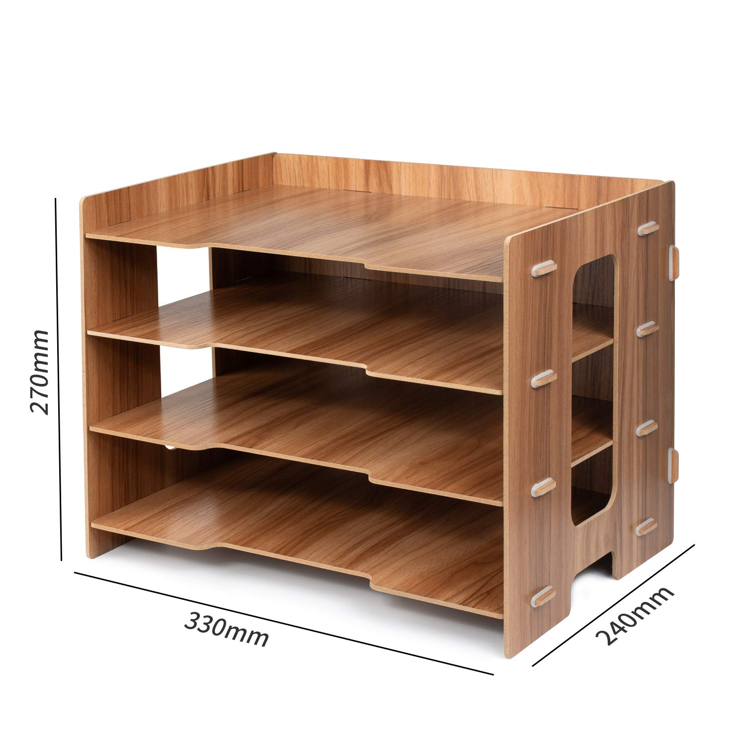 Ein hölzerner Schreibtisch-Organizer mit vier Regalen. Abmessungen sind 270 mm Höhe, 330 mm Breite und 240 mm Tiefe. Das Holz hat ein Maserungsmuster.