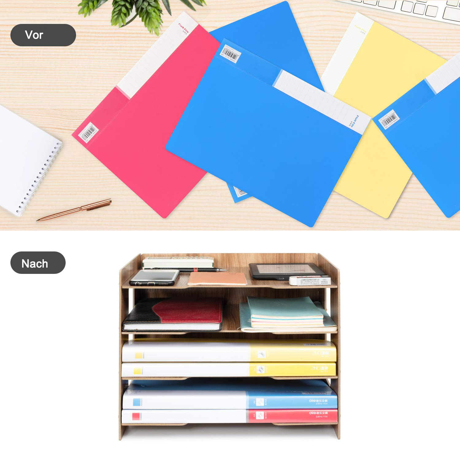 Oben: Rosa, blaue und gelbe Ordner auf einem Schreibtisch. Unten: Holz-Organizer mit Notizbüchern und farbigen Akten.