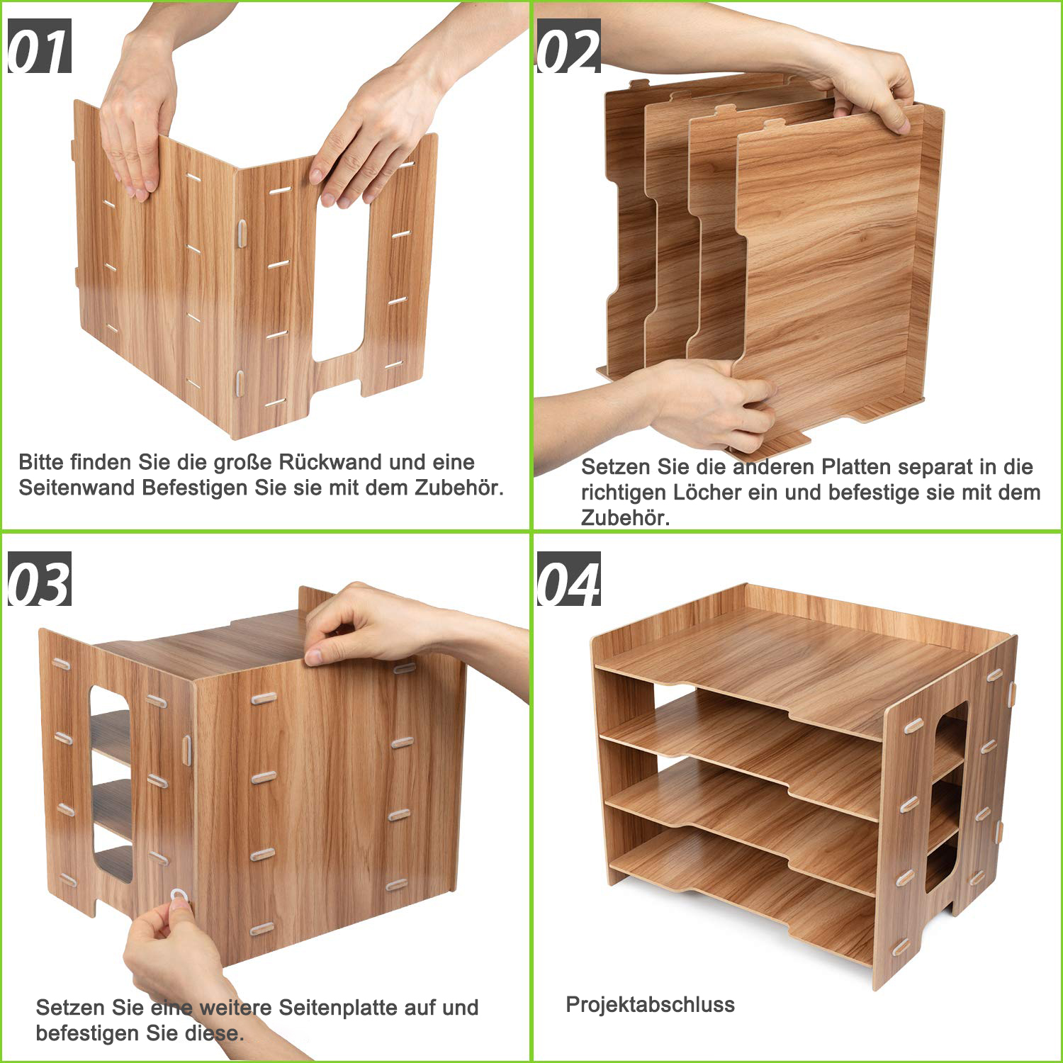 Schritte zum Zusammenbau eines Holz-Schreibtisch-Organizers. Hände werden gezeigt, wie Teile zusammengesetzt werden. Das Endprodukt ist ein 4-stöckiger Organizer.