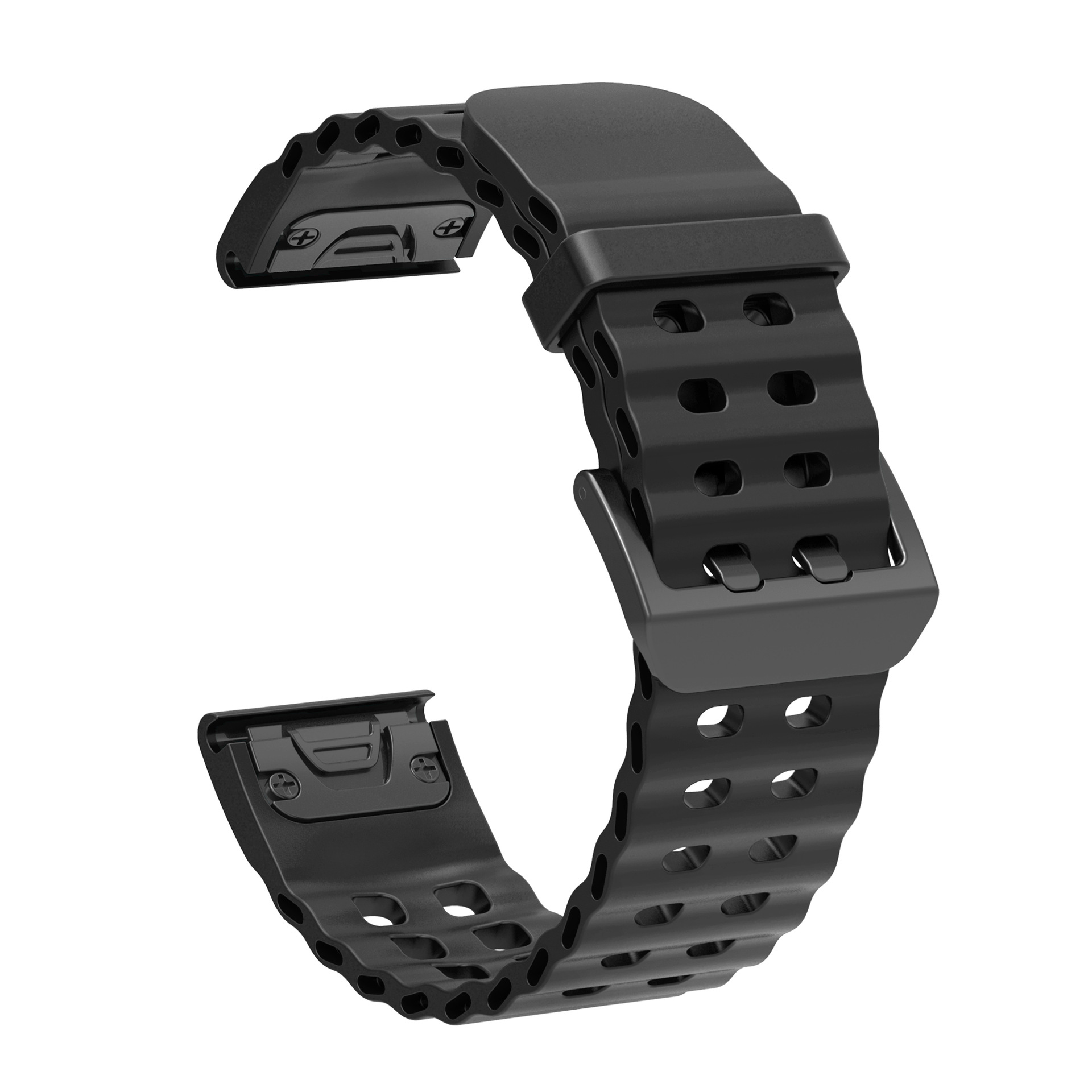 Schwarzes Armband mit Schnalle. Der Riemen besteht aus strukturiertem Material mit Löchern. Der Hintergrund ist weiß.