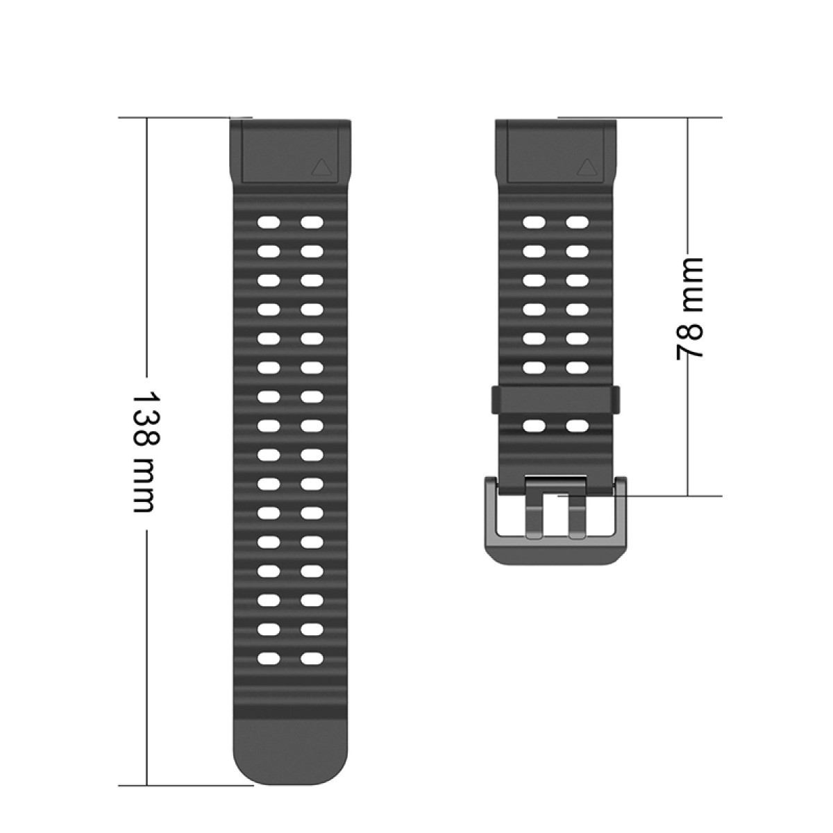 Schwarze Smartwatch-Armbänder mit Maßen. Ein Armband ist 138 mm lang, das andere 78 mm. Beide haben Löcher und eine Schnalle.