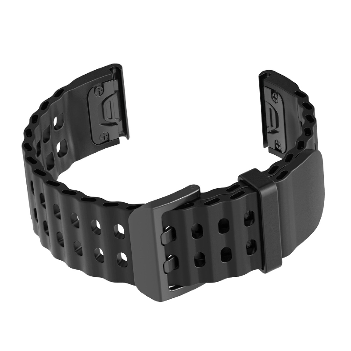 Ein schwarzes Uhrenarmband vor weißem Hintergrund. Es hat eine Schnalle und Löcher zur Anpassung und besteht aus Metall.