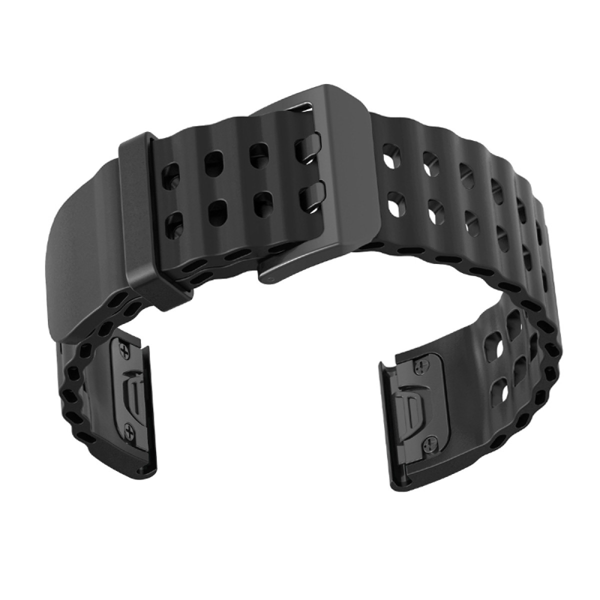 Ein schwarzes Uhrenarmband mit Schnalle und mehreren Löchern. Es ist abgenommen und zeigt beide Enden. Weißer Hintergrund.