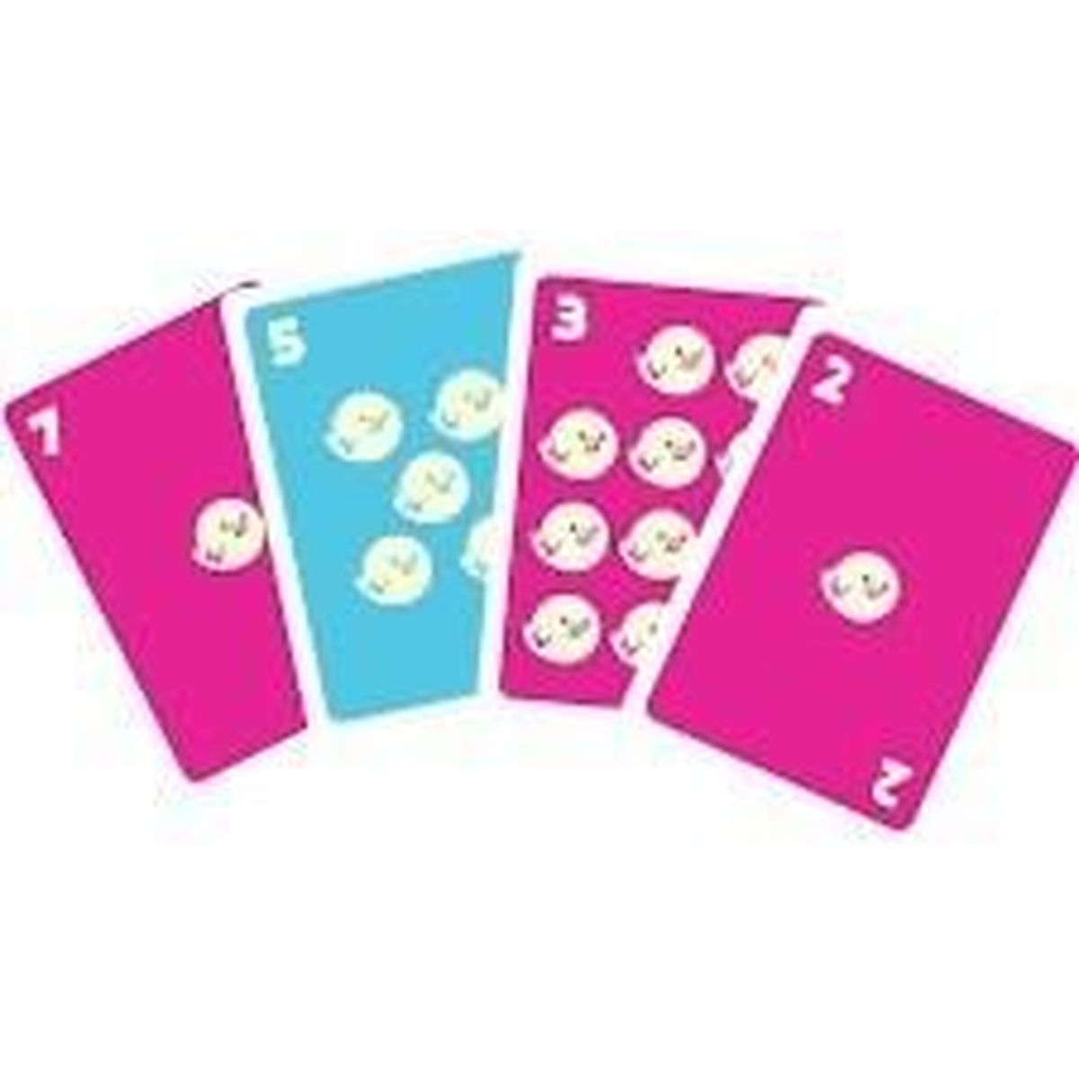 Vier farbenfrohe Karten werden angezeigt. Sie zeigen die Zahlen 1, 2, 3 und 5 sowie Cartoon-Gesichter. Die Karten sind pink und blau.