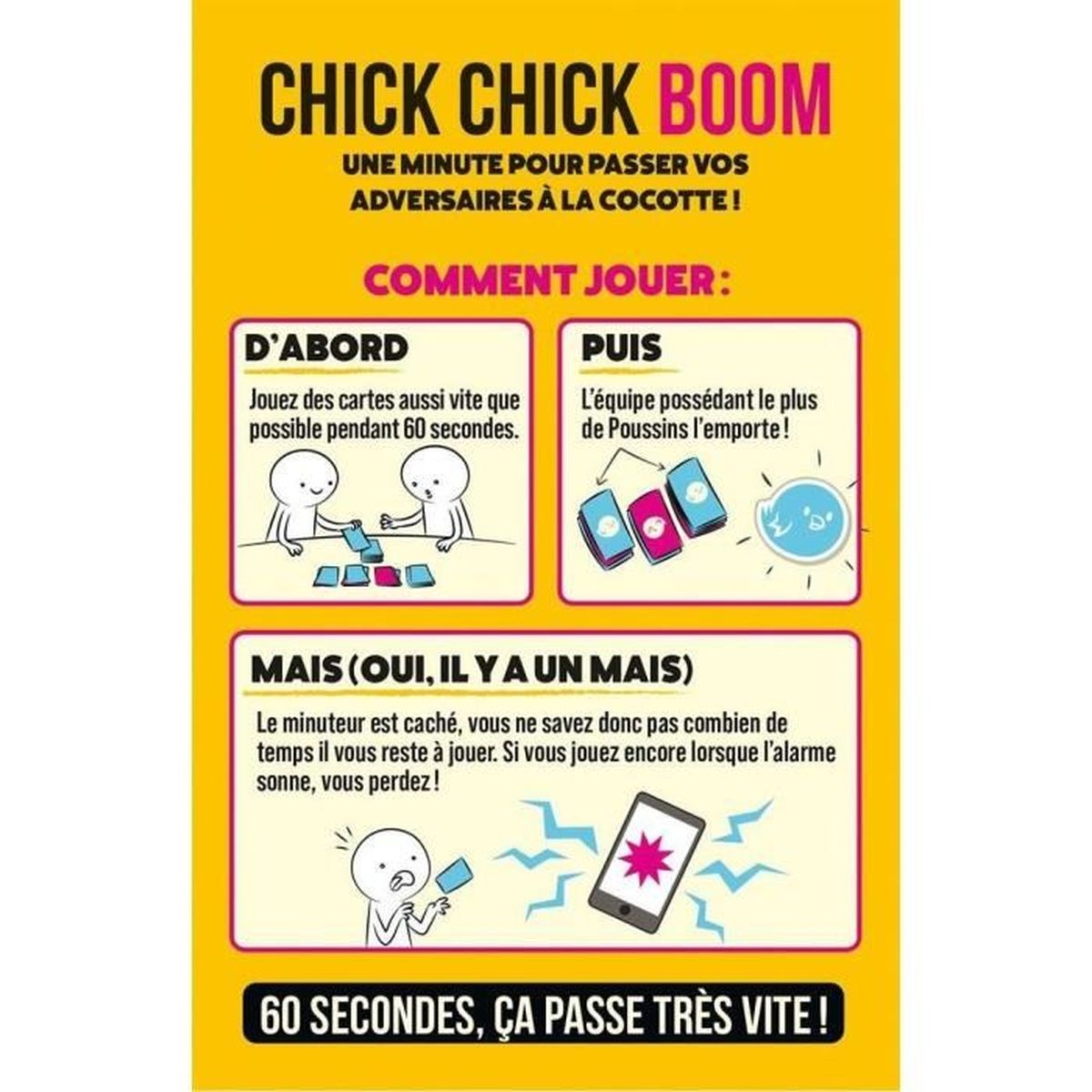 Gelbes Poster mit Spielanweisungen. Text lautet 'Chick Chick Boom'. Zeichnungen zeigen Spielregeln und ein Telefon mit Alarm.