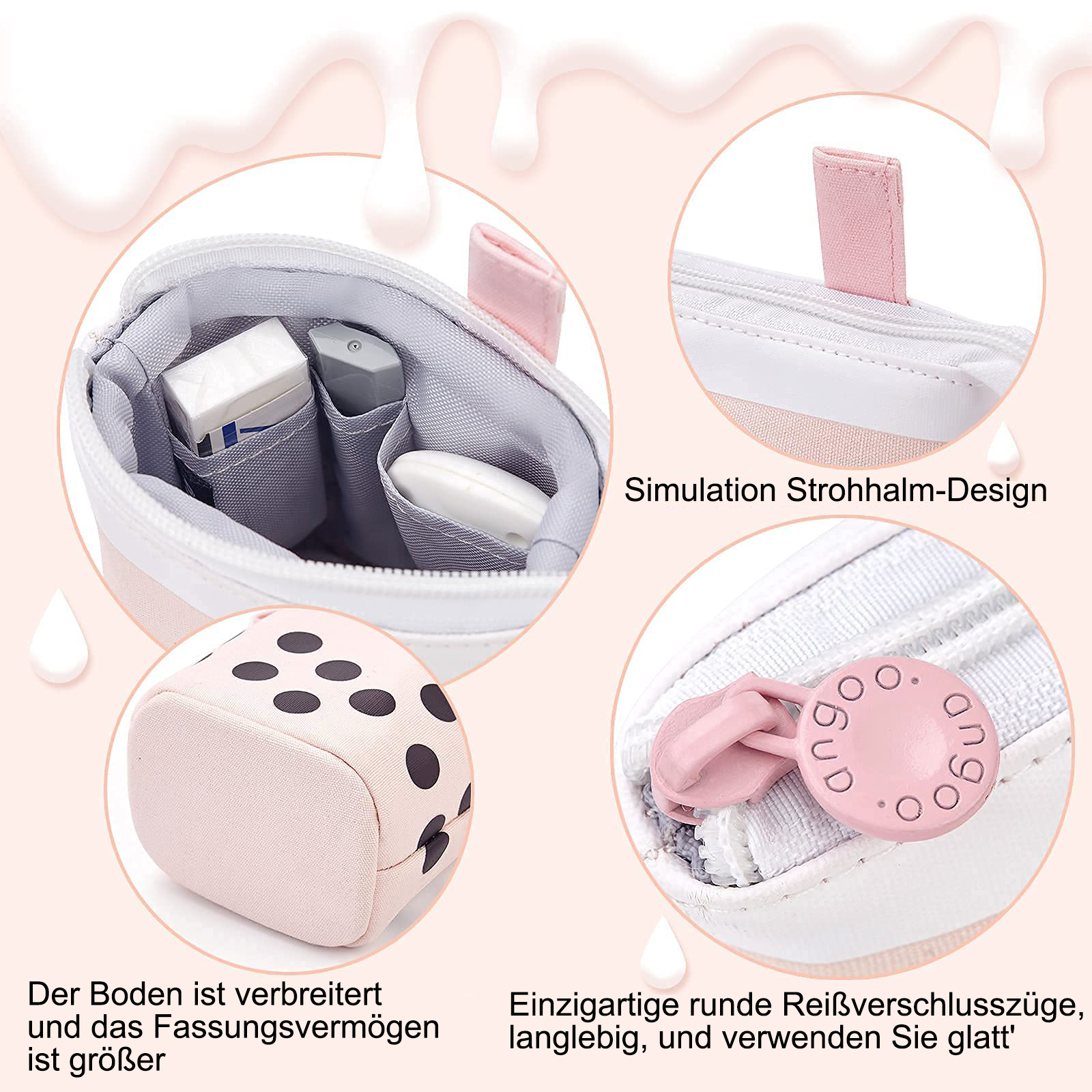 Ein Mehrkammer-Federmäppchen mit rosa Reißverschluss und Griff. Es hat ein Boba-Design auf dem unteren Teil.