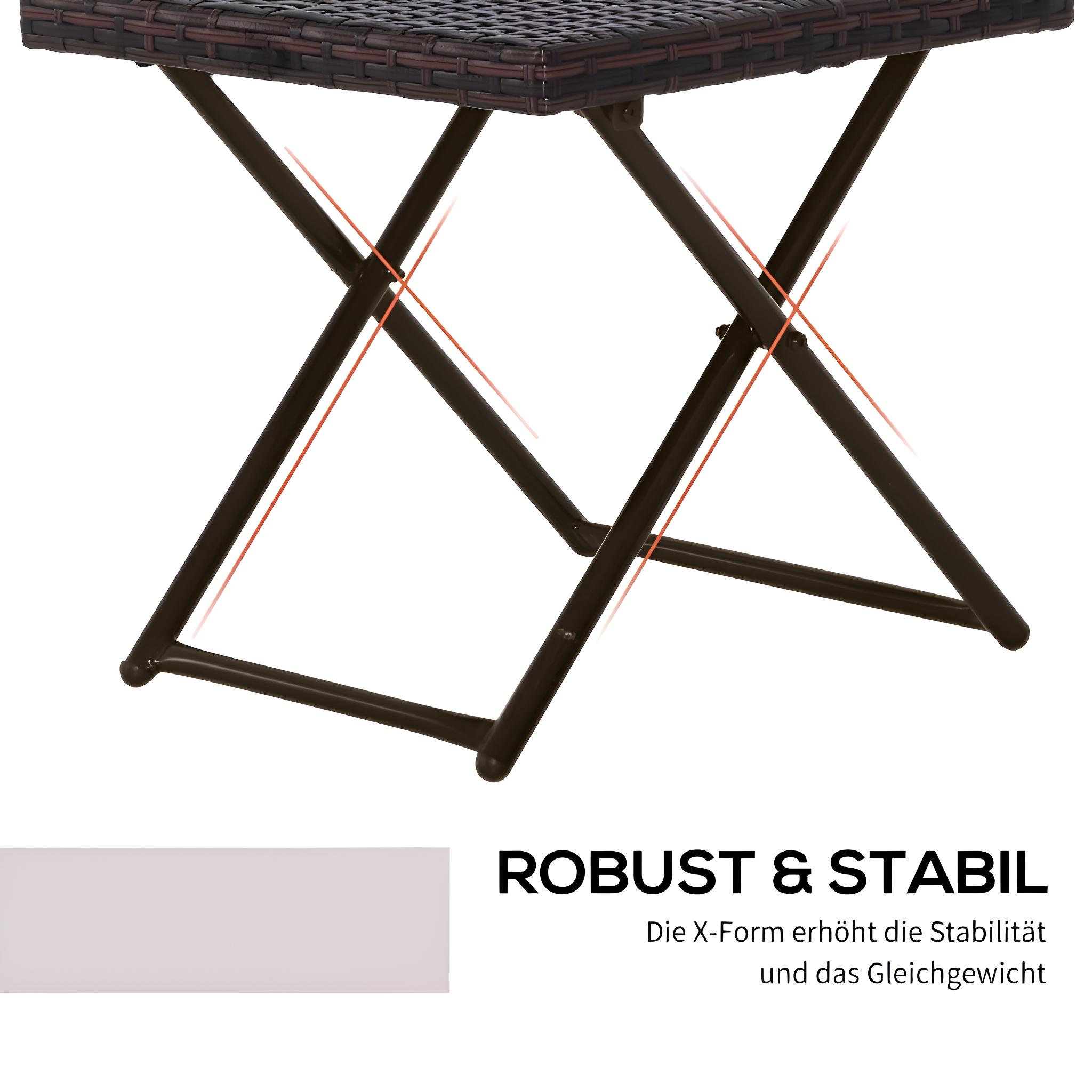 Eine braune Korbtischplatte mit dunkelbraunen Metallbeinen in X-Form. Text: 'ROBUST & STABIL'.