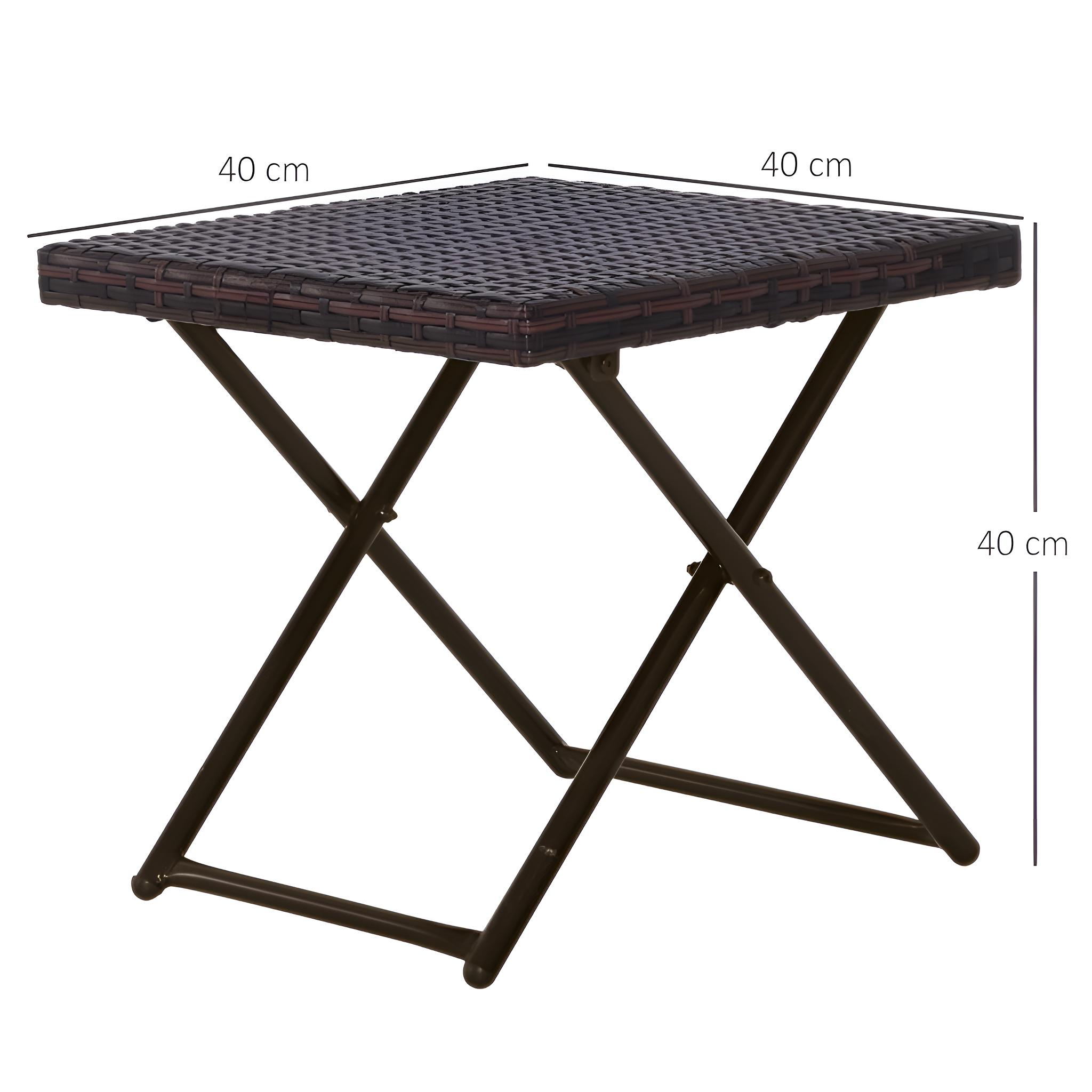 Ein quadratischer brauner Korbtisch, 40 cm groß, mit klappbaren dunkelbraunen Beinen. Maße des Tisches werden angezeigt.
