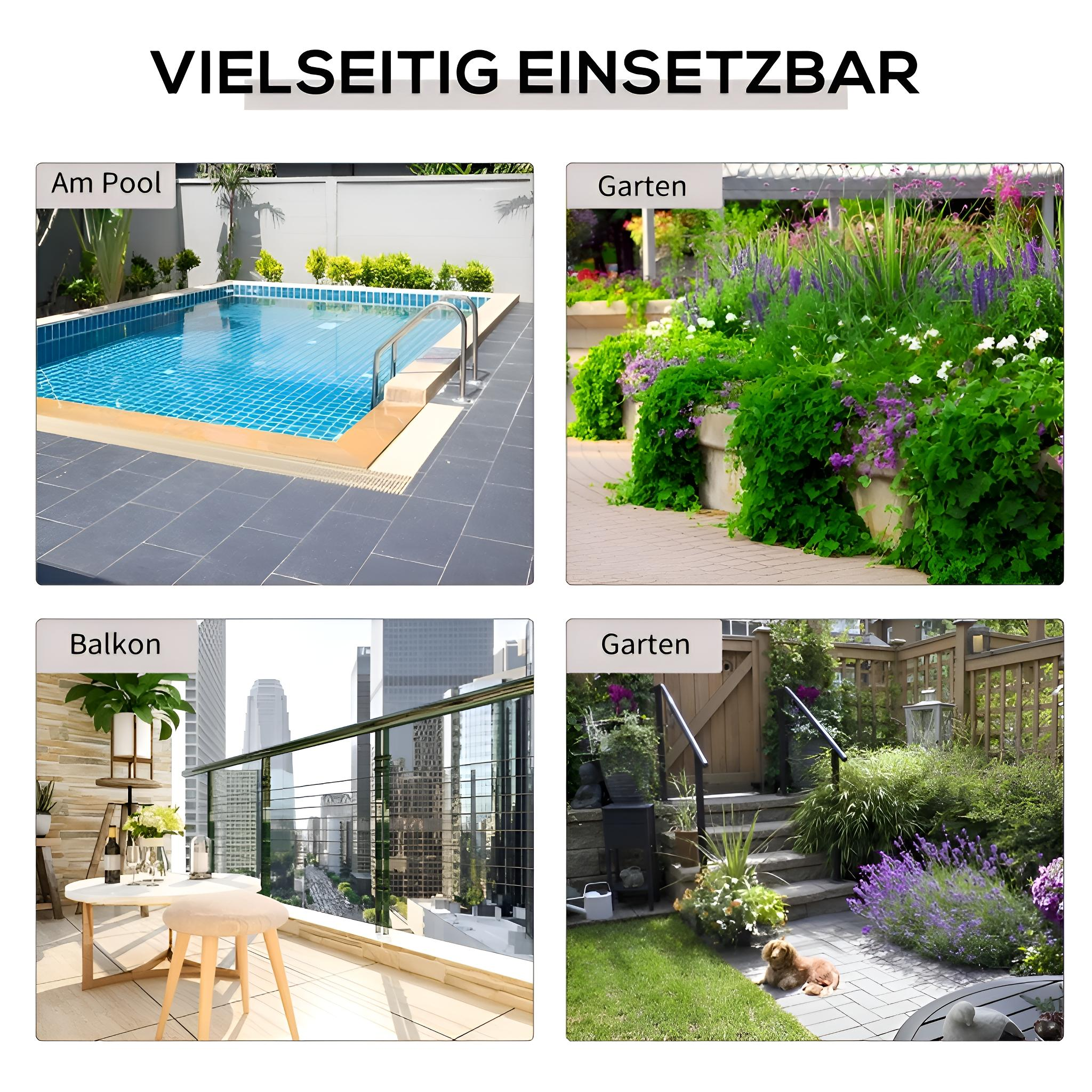 Das Bild zeigt vier Szenen: Pool, Garten mit Blumen, Balkon mit Stadtblick und Garten mit Hund.