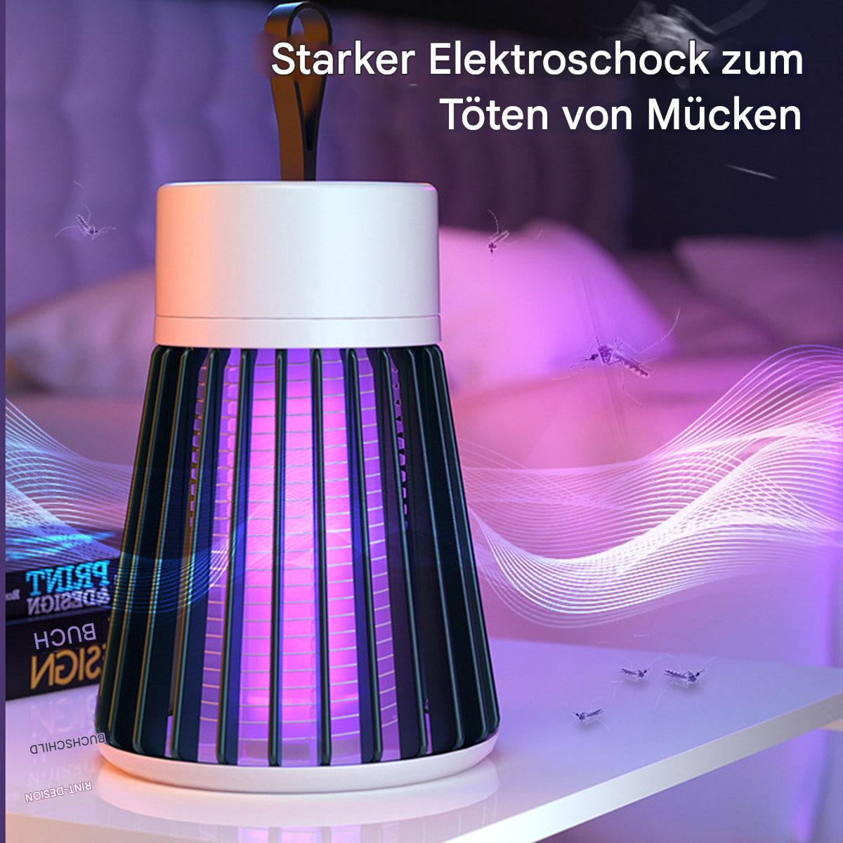 Eine Moskitokillerlampe mit violettem Schein. Der Text auf Deutsch lautet 'Starker Elektroschock zum Töten von Mücken'.