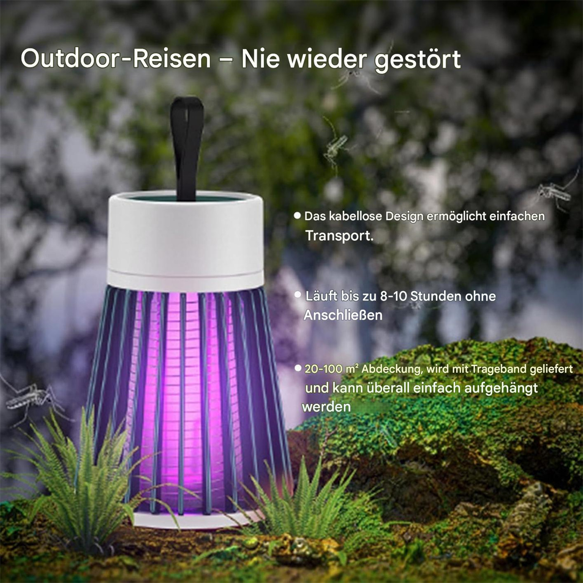Ein Outdoor-Moskitokiller mit schwarzem Griff, der violettes Licht aussendet. Grüne Pflanzen und ein moosiger Felsen sind im Vordergrund.