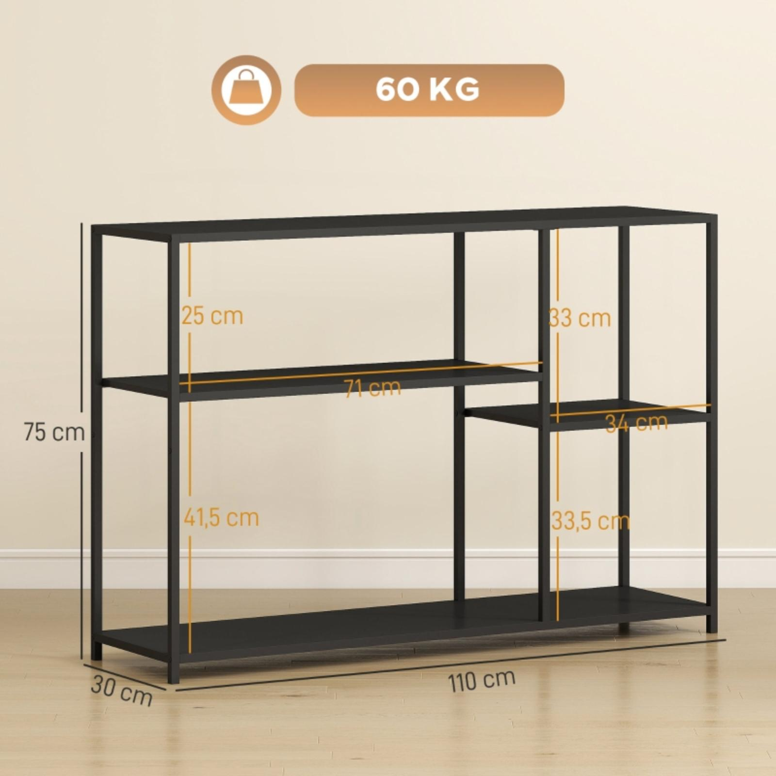 Schwarzes Metallregal mit cm-Angaben, einschließlich Höhe, Breite und Fachbodentiefen. Es hat eine Tragfähigkeit von 60 kg.