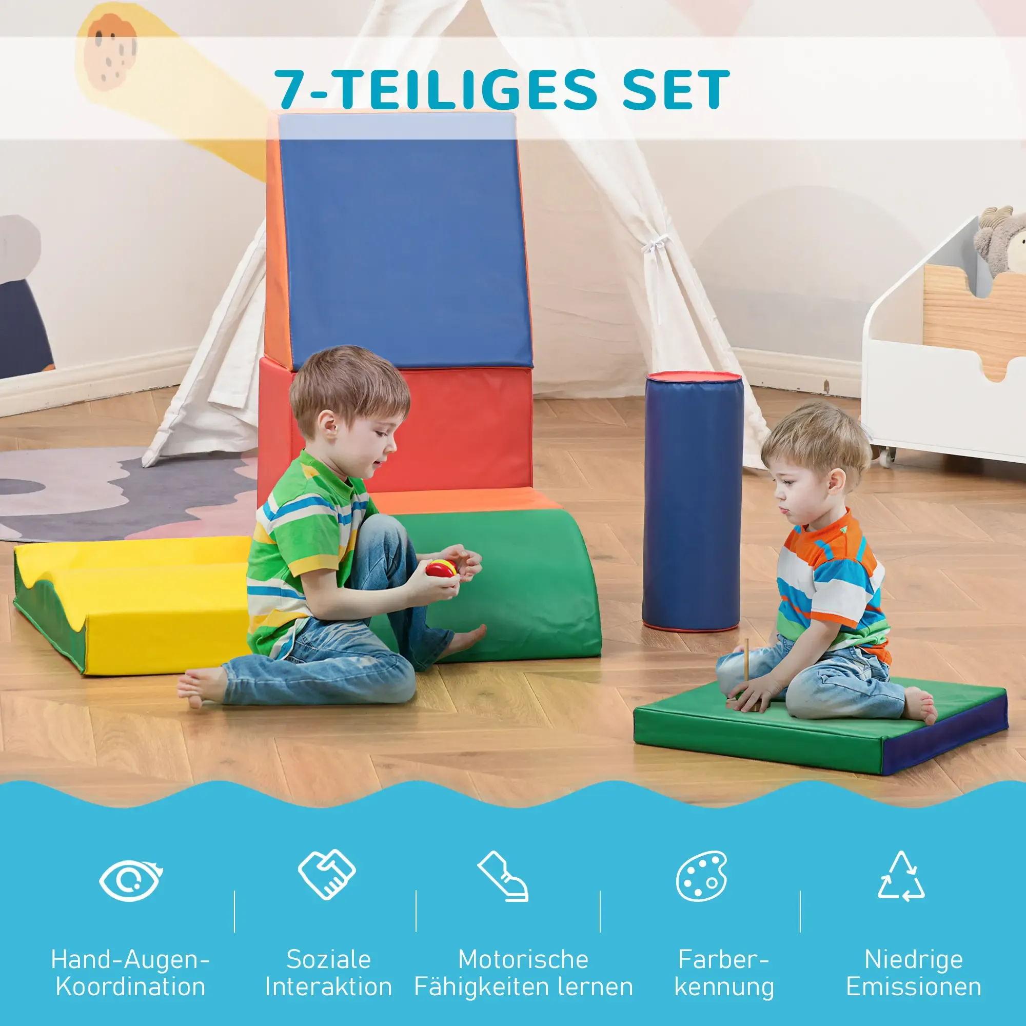 Zwei Kinder spielen mit bunten Schaumstoffblöcken. Verschiedene Formen und Farben sind sichtbar, der Hintergrund enthält ein Zelt.