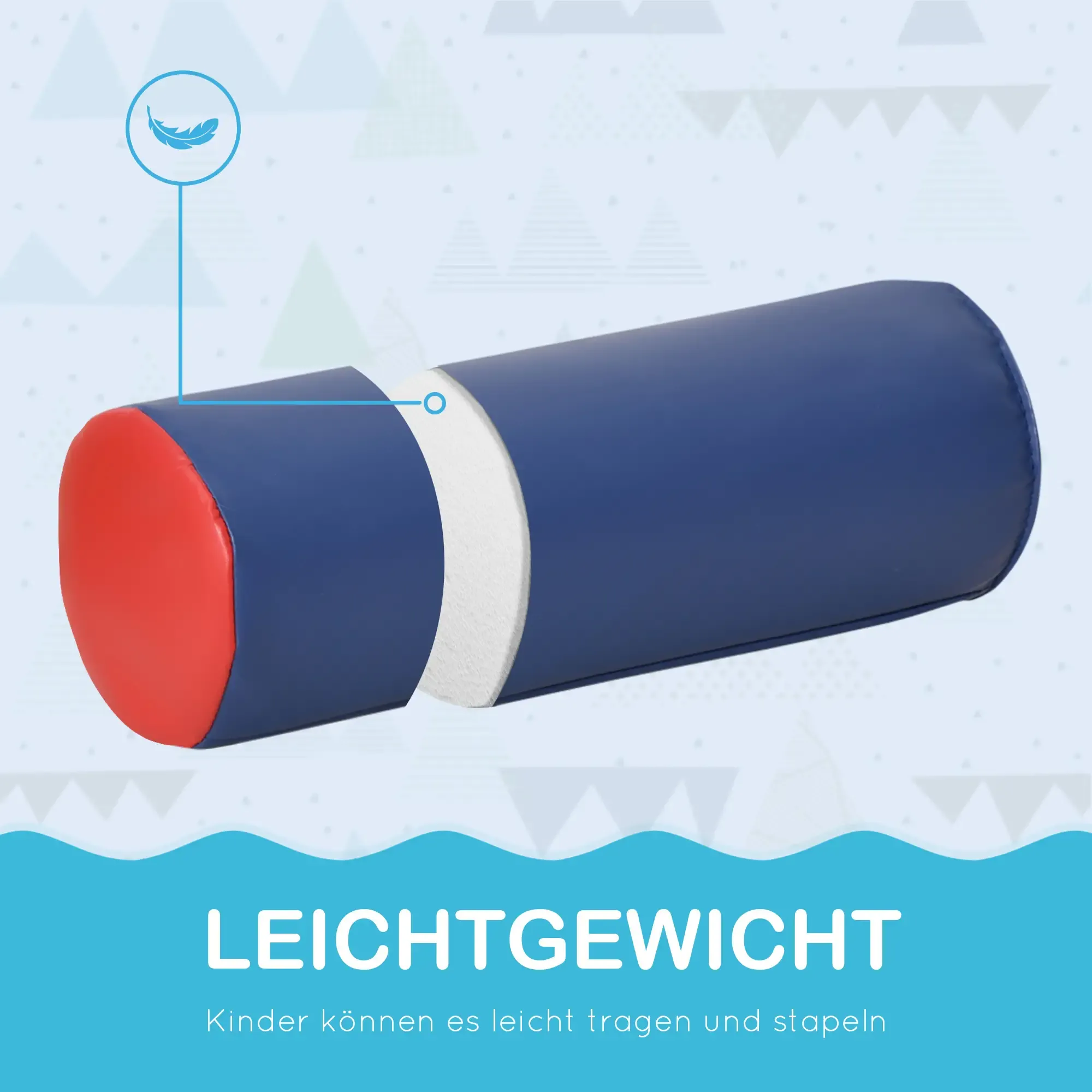 Ein blau-roter Zylinder mit freiliegendem weißem Schaum, ein Feder-Symbol und das Wort 'LEICHTGEWICHT'.
