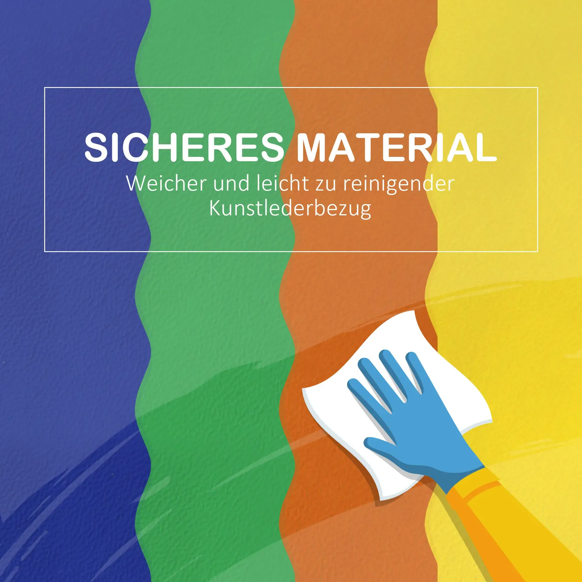 Das Bild zeigt eine Hand in blauem Handschuh, die eine bunte Oberfläche reinigt. Der Text lautet 'Sicheres Material', 'Weicher und leicht zu reinigender Kunstlederbezug'.