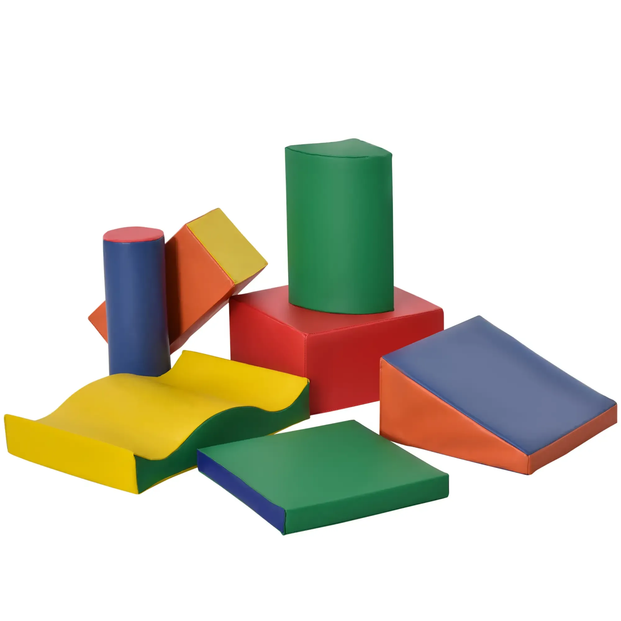 Eine Sammlung farbenfroher Schaumstoffformen, darunter Zylinder, Quadrate, eine Welle, eine Rampe und ein Prisma, sind auf weißem Hintergrund angeordnet.