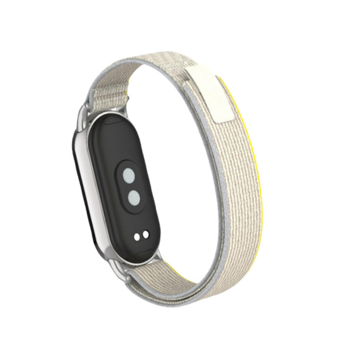 Ein Smart-Armband mit schwarzem Bildschirm und zwei weißen Punkten. Das Band ist beige mit gelbem Rand und weißem Klettverschluss.