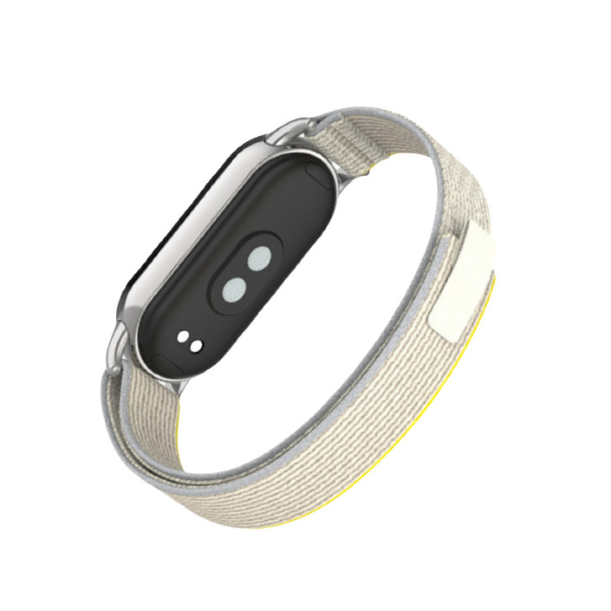 Eine schwarze Smartwatch mit silbernem Rahmen und einem hellgrauen Stoffarmband mit gelben Akzenten. Isoliert auf weißem Hintergrund.