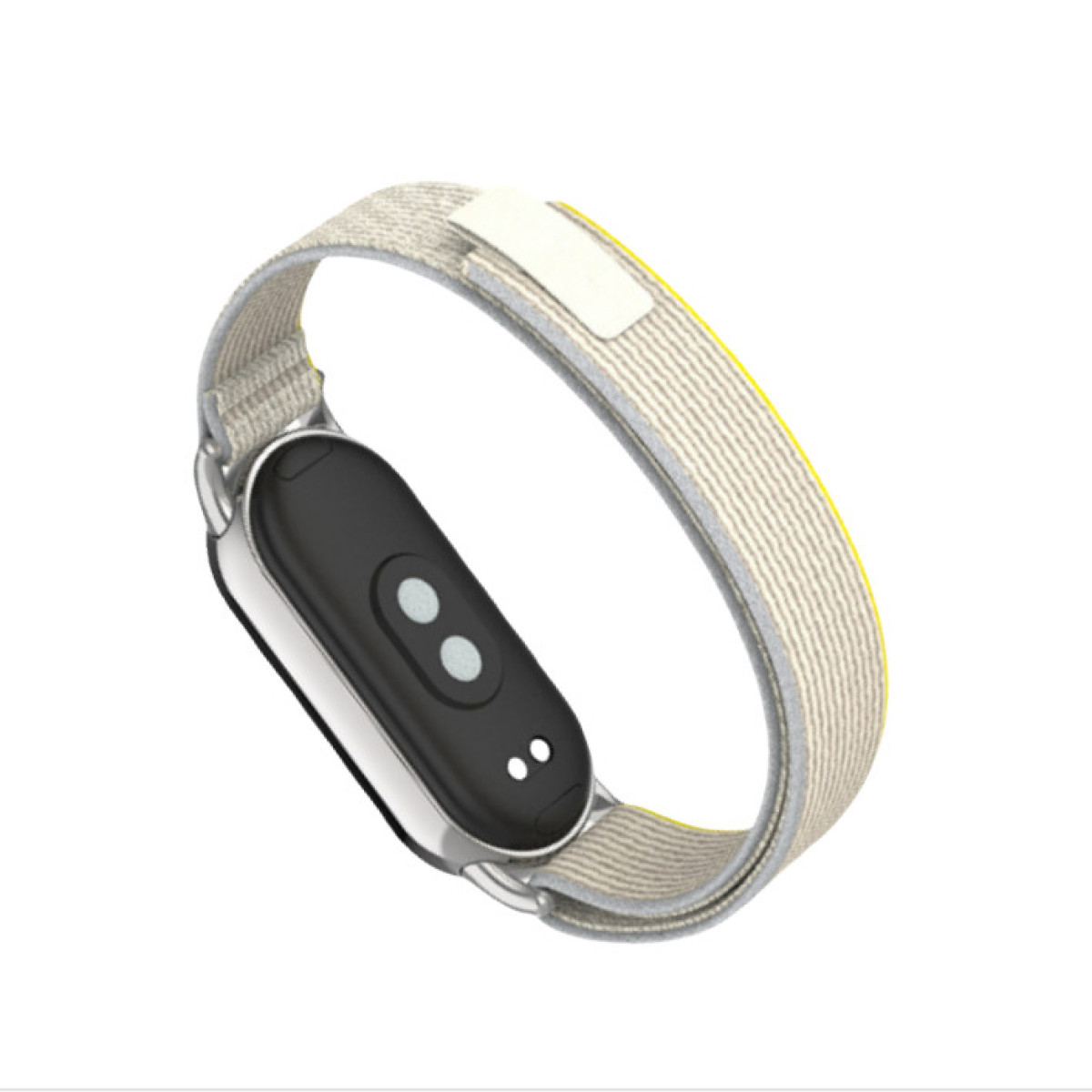 Ein Fitnesstracker mit schwarzem Bildschirm und zwei Knöpfen, silbernem Rahmen und einem beigefarbenen Stoffarmband mit gelbem Rand und weißem Patch.