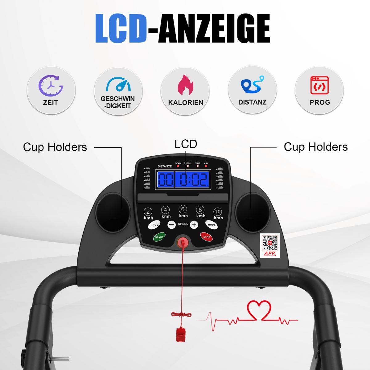 Ein Laufband mit LCD-Anzeige, die Zeit und Metriken anzeigt. Es hat Getränkehalter und Steuertasten. Ein Herzfrequenzmesser ist sichtbar.