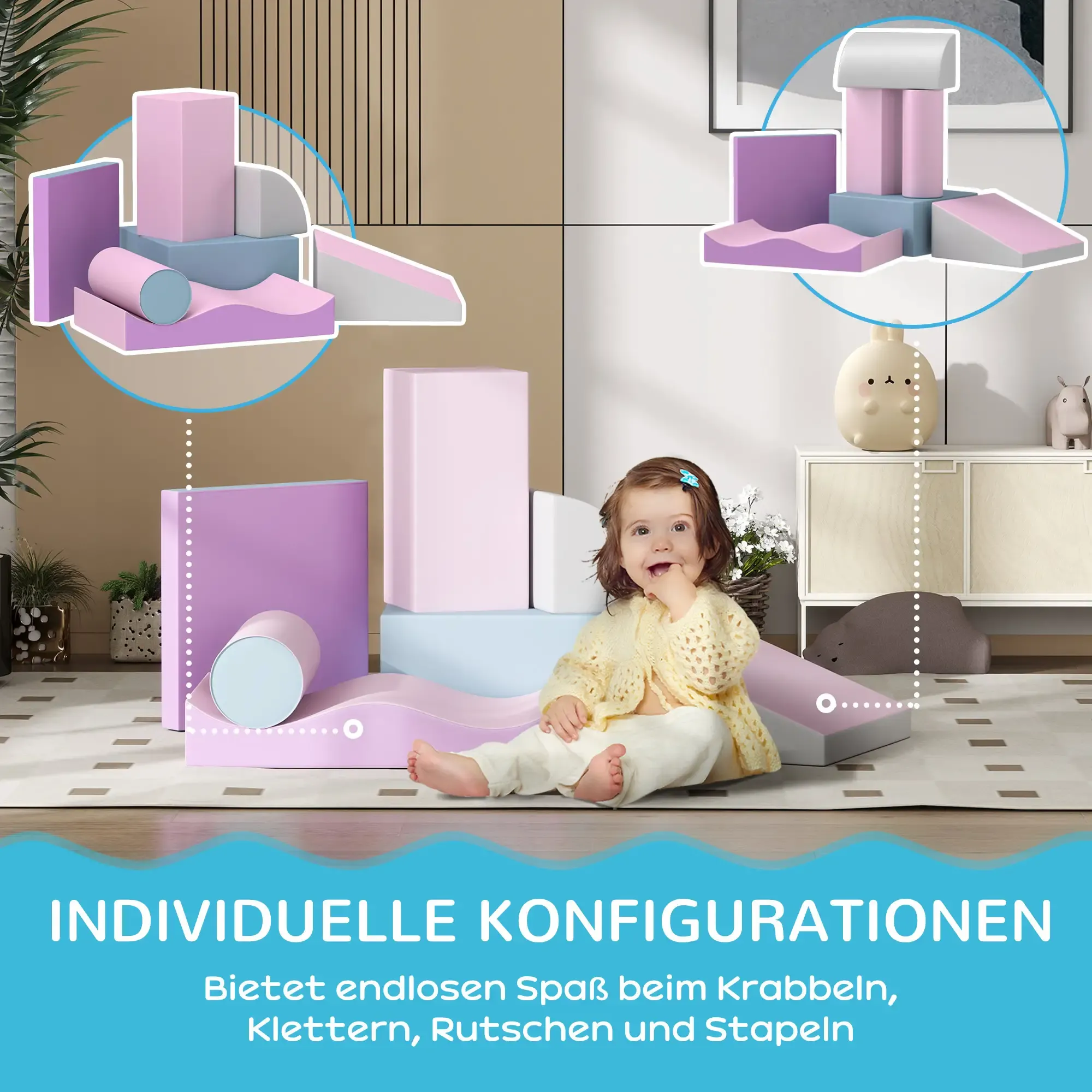 Ein Baby sitzt neben bunten Schaumstoffblöcken. Sie sind rosa, lila und grau. Das Baby lächelt. Text sagt 'Individuelle Konfigurationen'.