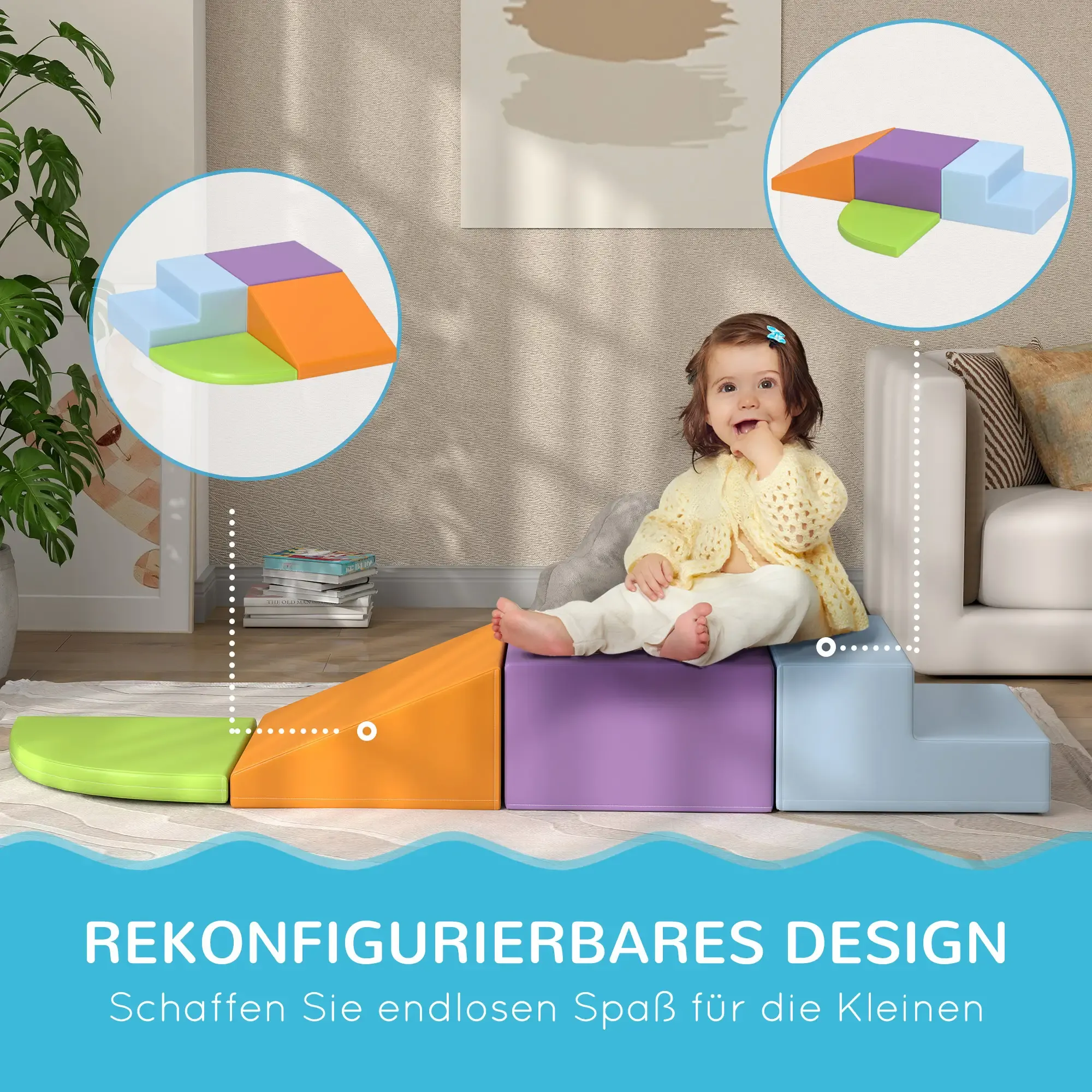 Ein Baby sitzt auf bunten Schaumstoffblöcken. Die Blöcke sind grün, orange, lila und blau. Zwei Kreise zeigen die Anordnung.
