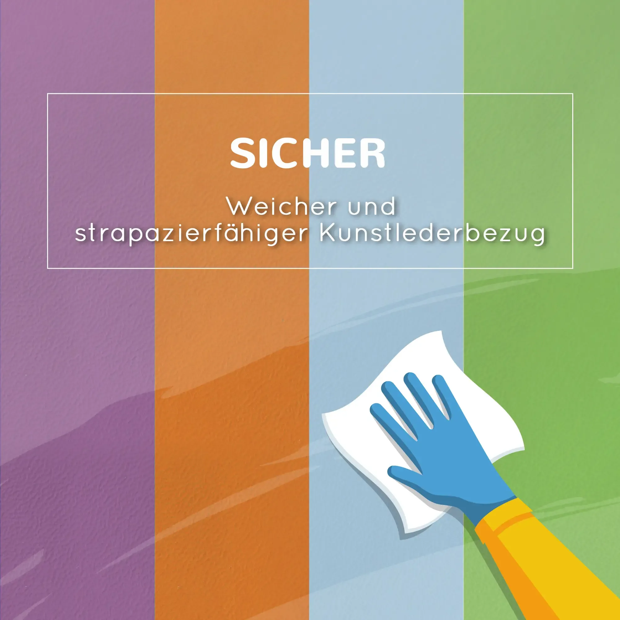 Das Bild zeigt farbige Blöcke und Text. Eine Hand in einem blauen Handschuh reinigt eine Oberfläche.