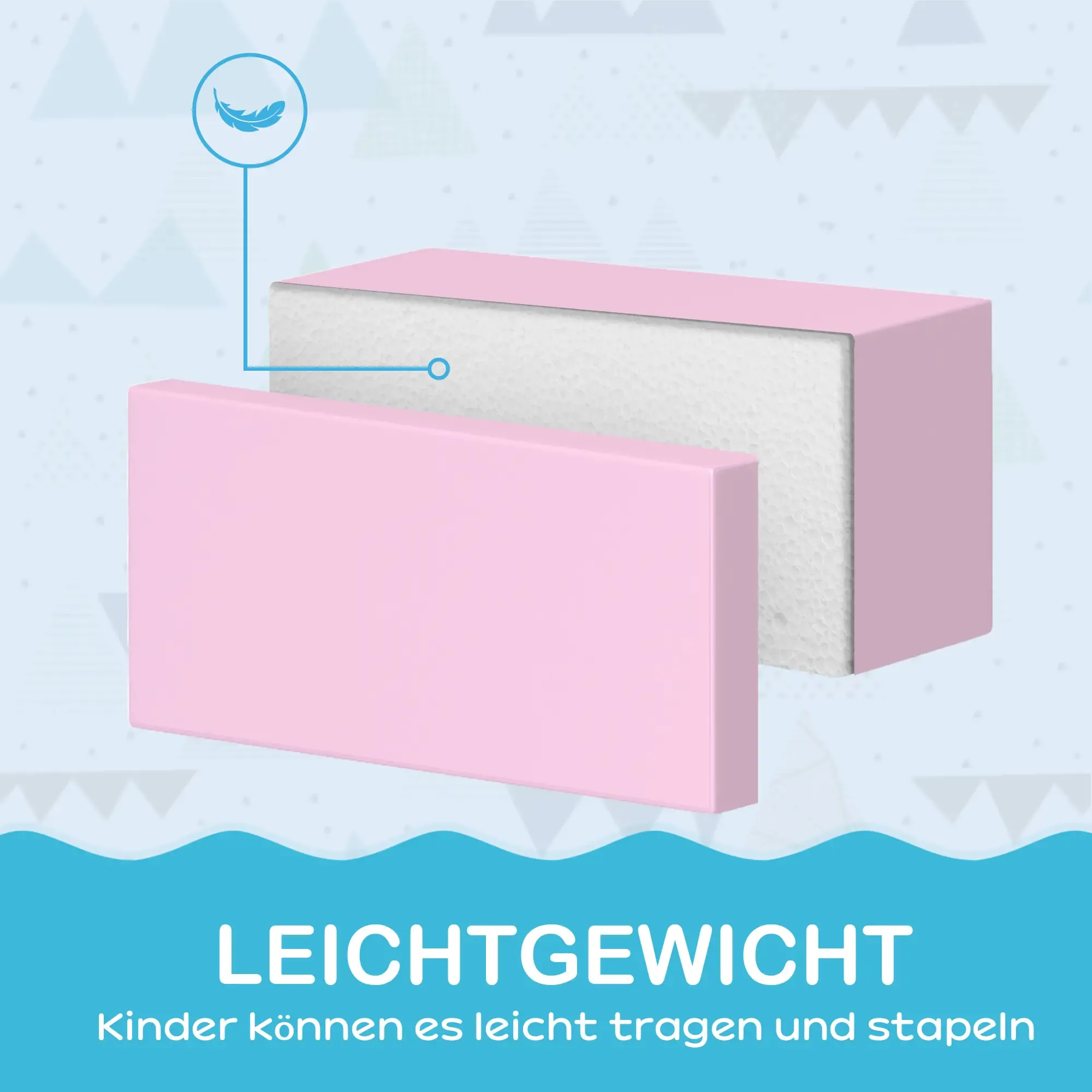 Rosa, leichte Blöcke, einer teilweise entfernt, mit Feder-Icon. Text: Leichtgewicht. Kinder können sie leicht tragen und stapeln.