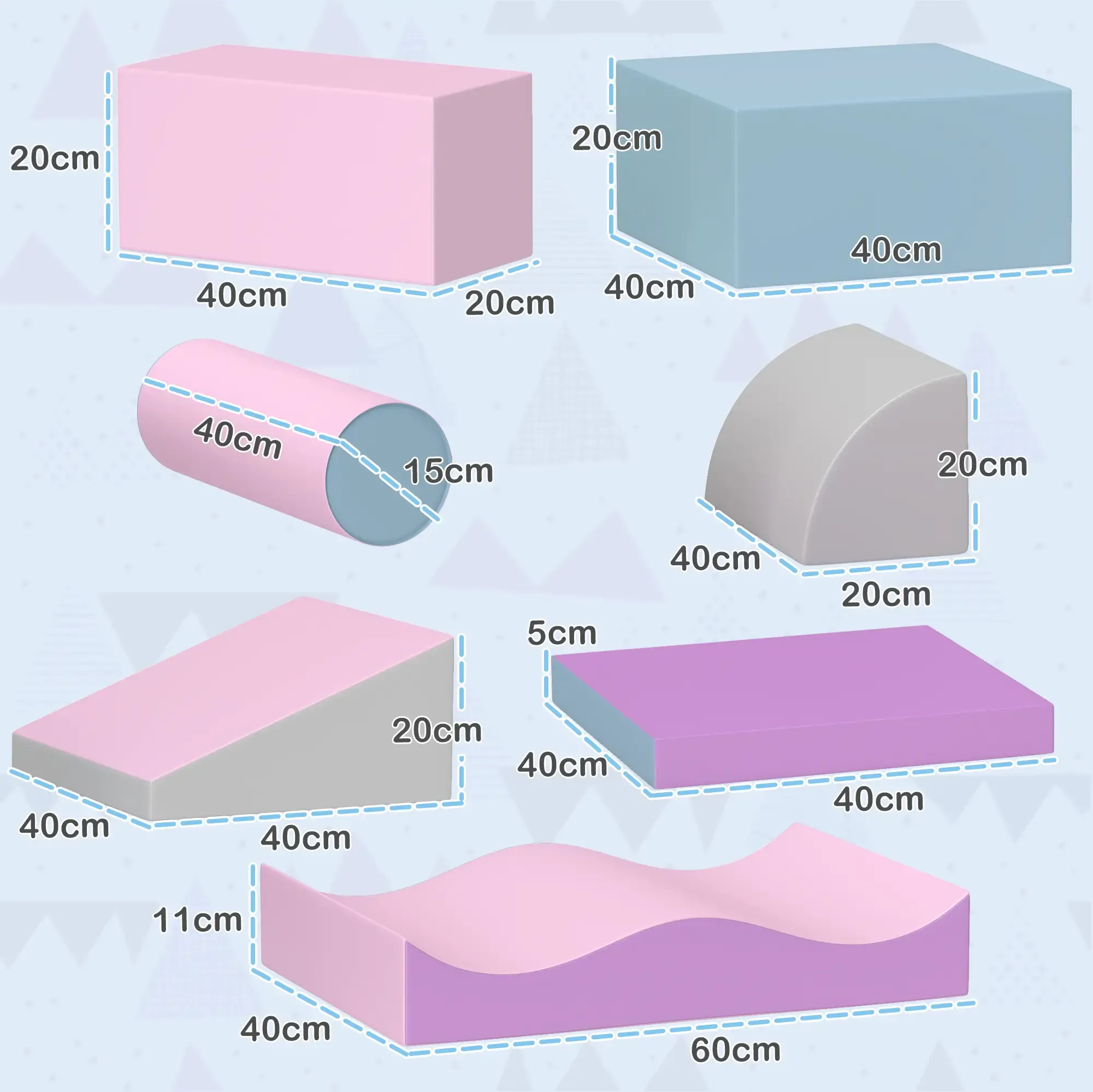 Das Bild zeigt verschiedene bunte Schaumstoffformen mit Abmessungen, darunter Rechtecke, Zylinder und gebogene Teile, die zum Spielen geeignet sind.