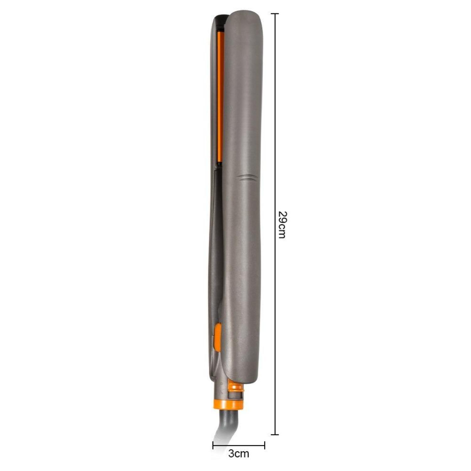 Ein graues und orangefarbenes Glätteisen, 29 cm lang, mit einem 3 cm breiten Sockel, vor weißem Hintergrund.