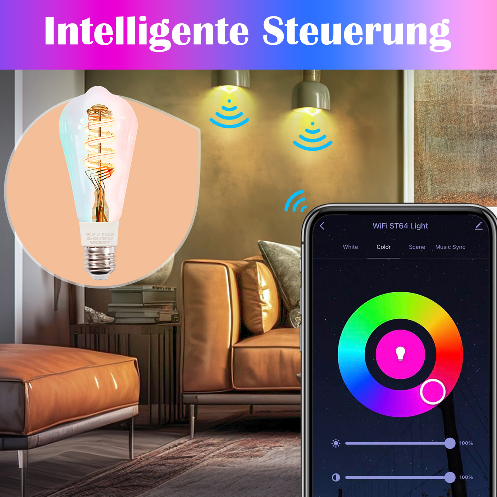 Eine Edison-Glühbirne wird von einer Telefon-App gesteuert. Zwei Lichter sind an der Wand. Im Hintergrund ist ein Sofa.