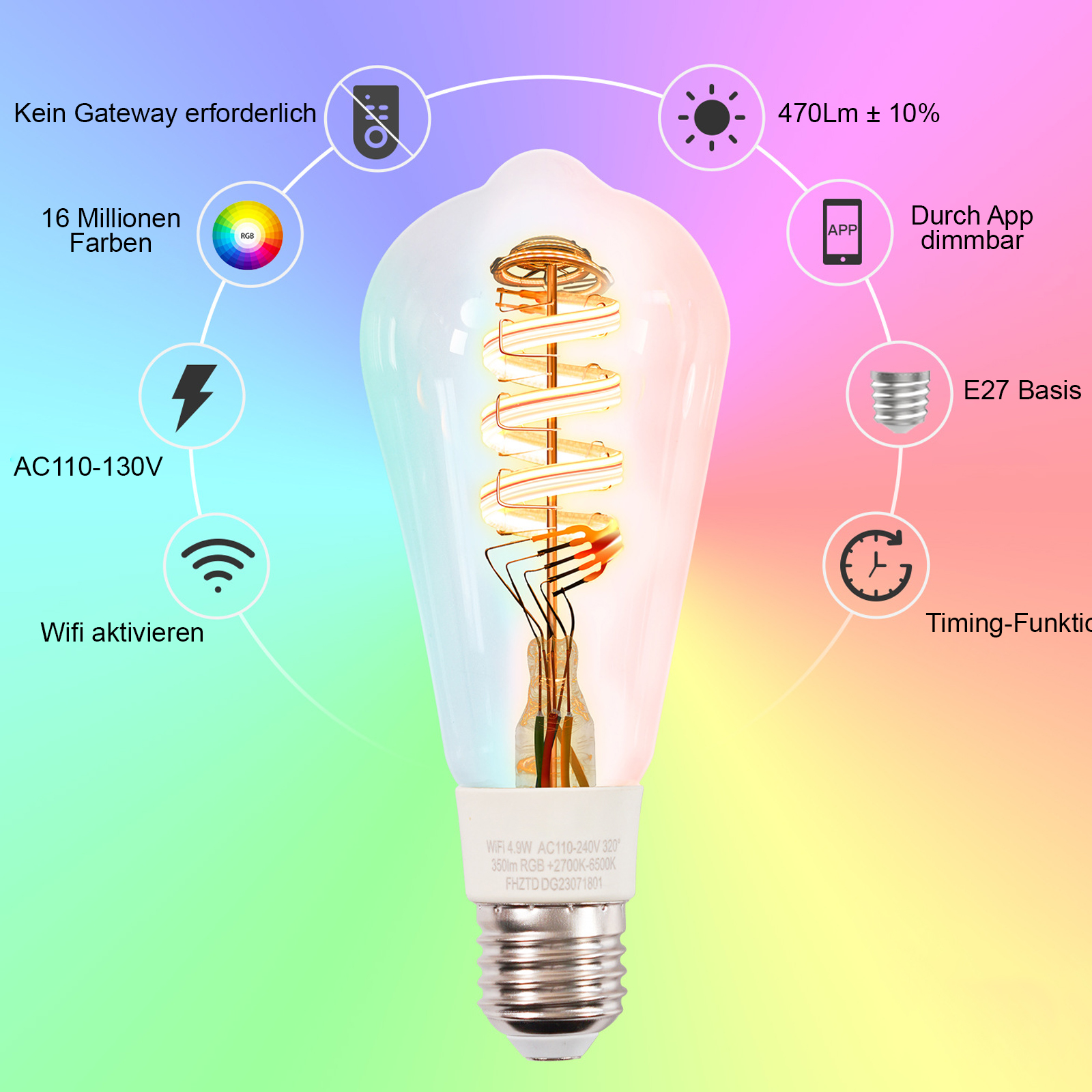 Eine Glühbirne mit Wendelfaden. Sie hat mehrere Funktionen, darunter Farbwechsel und App-Steuerung.