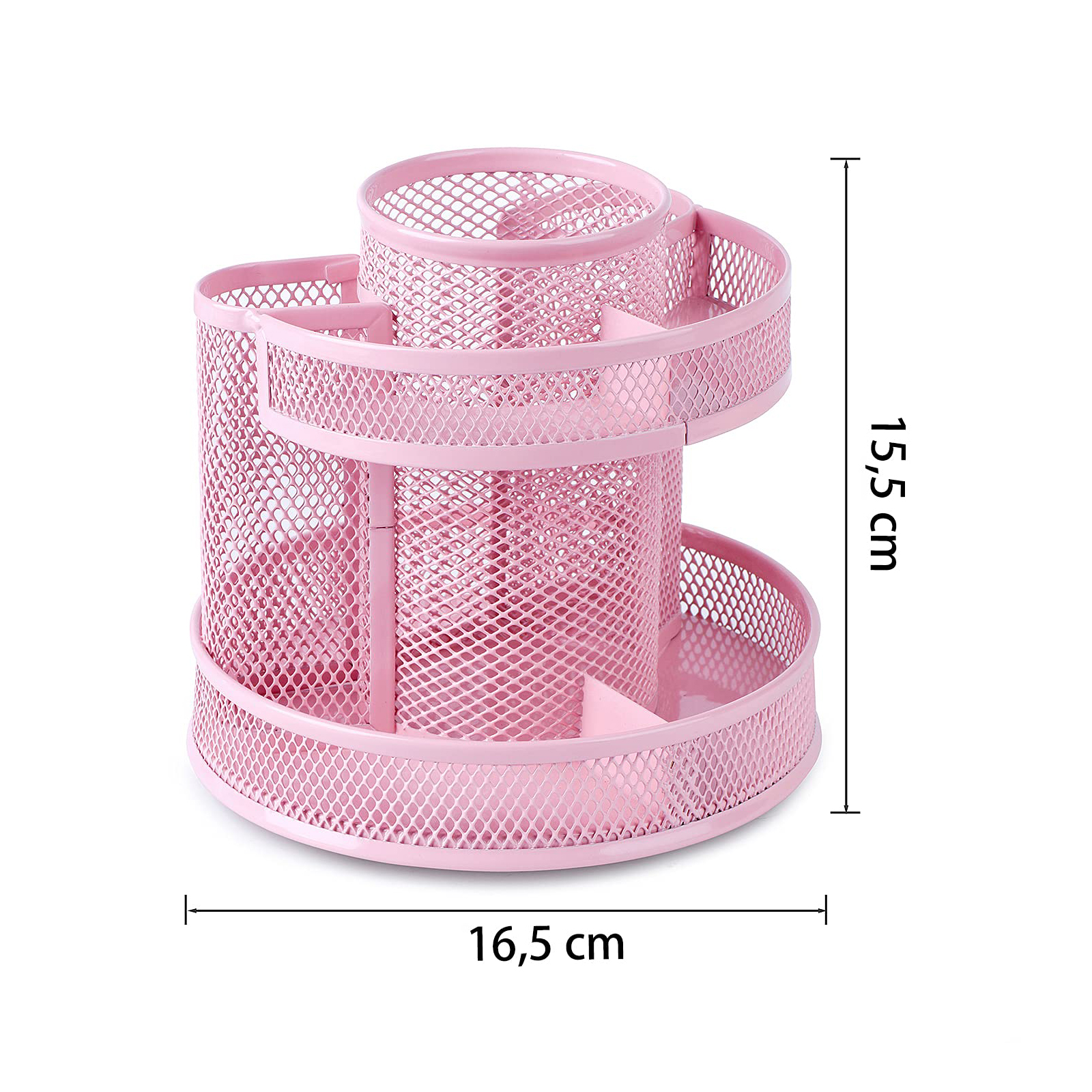 Rosa Schreibtisch-Organizer aus Metallgitter. Er hat zwei Ebenen und mehrere Fächer. Die Abmessungen betragen 16,5 x 15,5 cm.