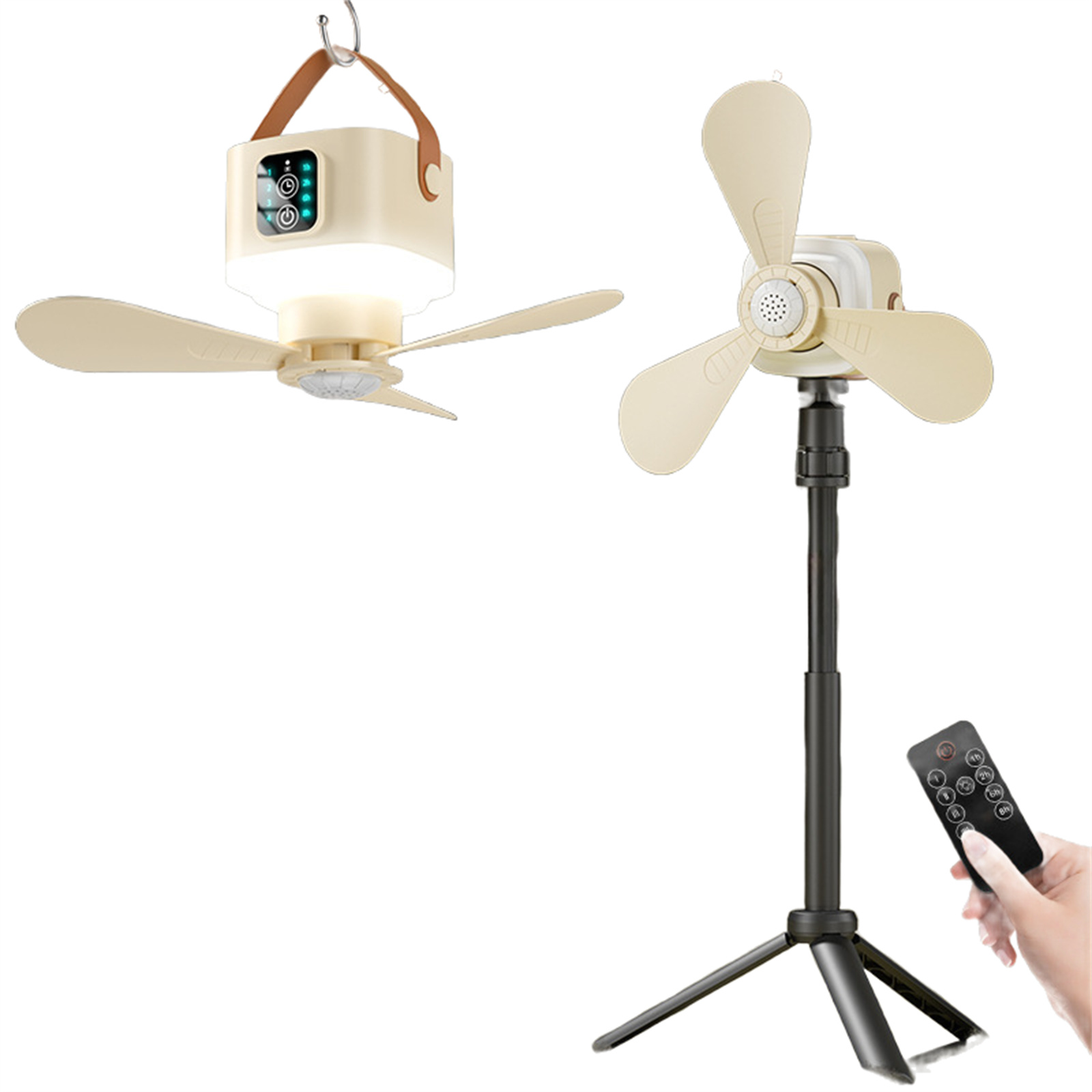 Zwei beige Ventilatoren, einer hängend, einer auf einem Stativ. Eine Hand hält eine Fernbedienung. Beide Ventilatoren haben drei Flügel.