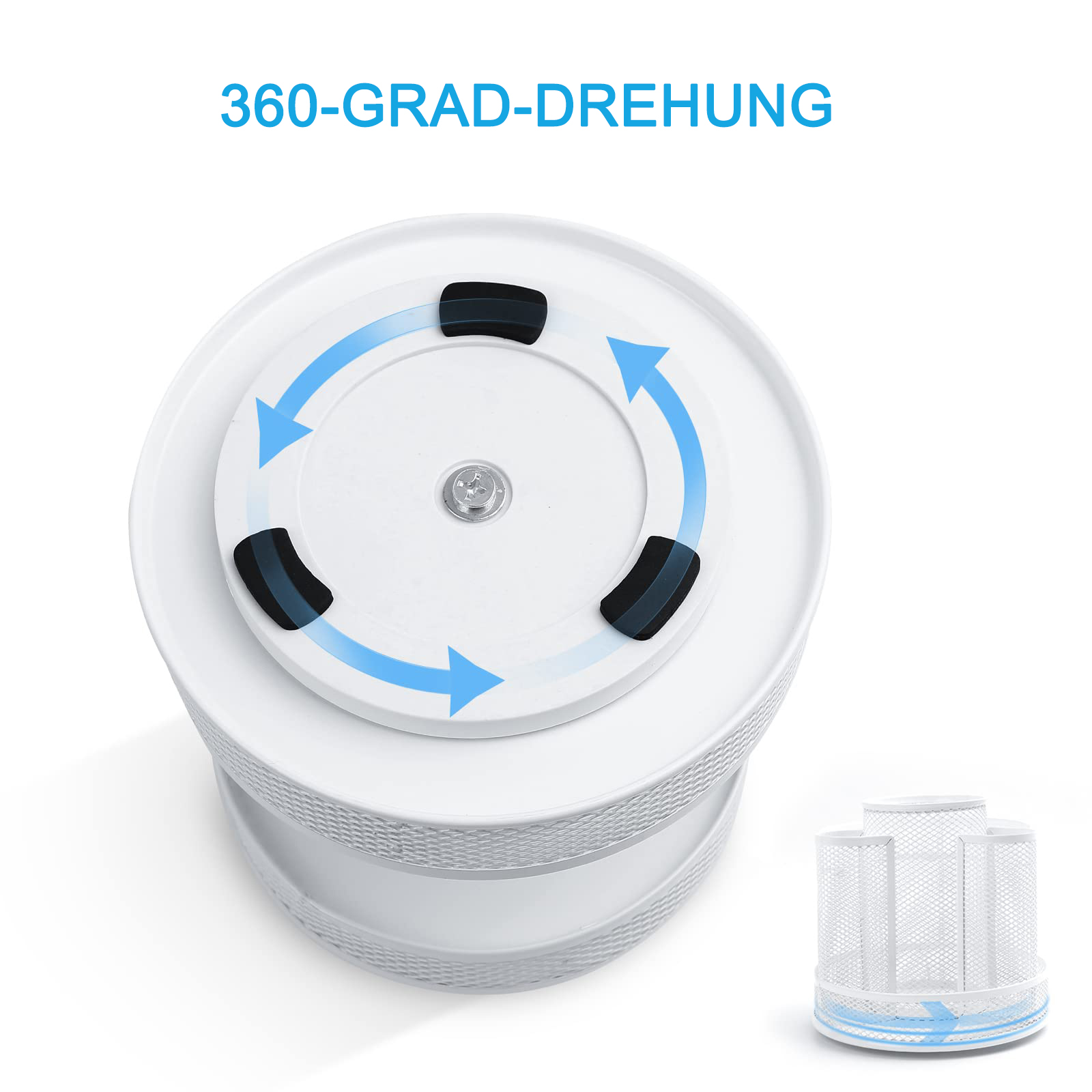 Weißer, rotierender Organizer mit Pfeilen, die eine 360-Grad-Drehung anzeigen. Text oben lautet '360-GRAD-DREHUNG'.