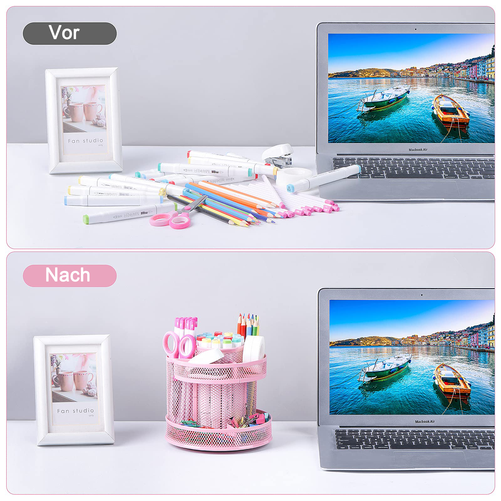 Oben: Marker, Bleistifte, Schere und Laptop. Unten: Rosa Organizer, Bilderrahmen und Laptop mit malerischer Aussicht.