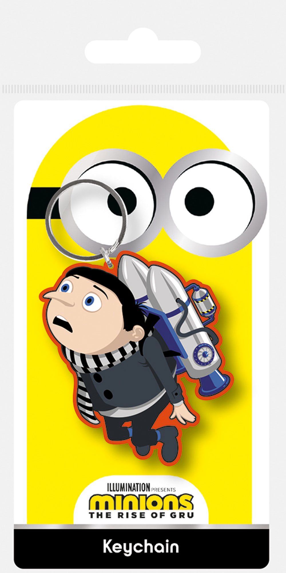Schlüsselanhänger von Gru aus Ich – Einfach unverbesserlich, mit Jetpack, auf gelbem Hintergrund und dem Minions-Logo. Der Schlüsselanhänger ist auf einer weißen Karte.