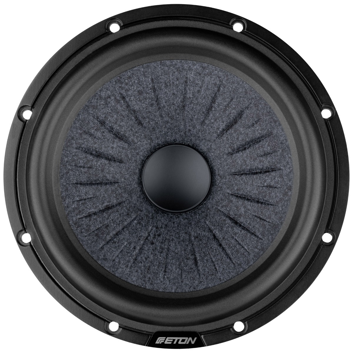 Ein schwarzer Lautsprecher mit einem dunkelgrauen Zentrum. Der Lautsprecher hat ein kreisförmiges Design mit mehreren Schraubenlöchern am Rand.