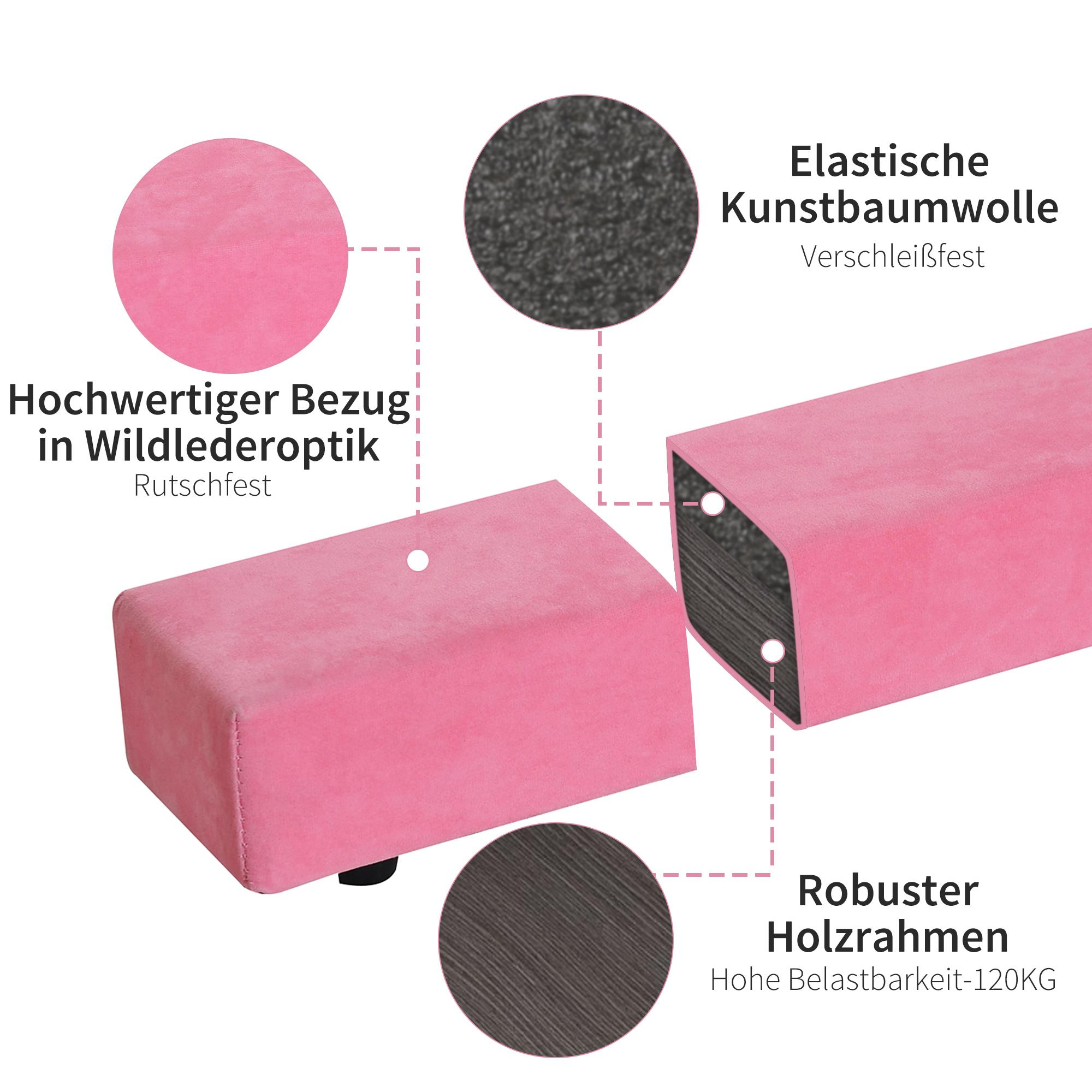 Ein pinkfarbener Hocker mit Etiketten, die auf seine Eigenschaften zeigen: Wildlederoptik, elastische Baumwolle und ein robuster Holzrahmen.