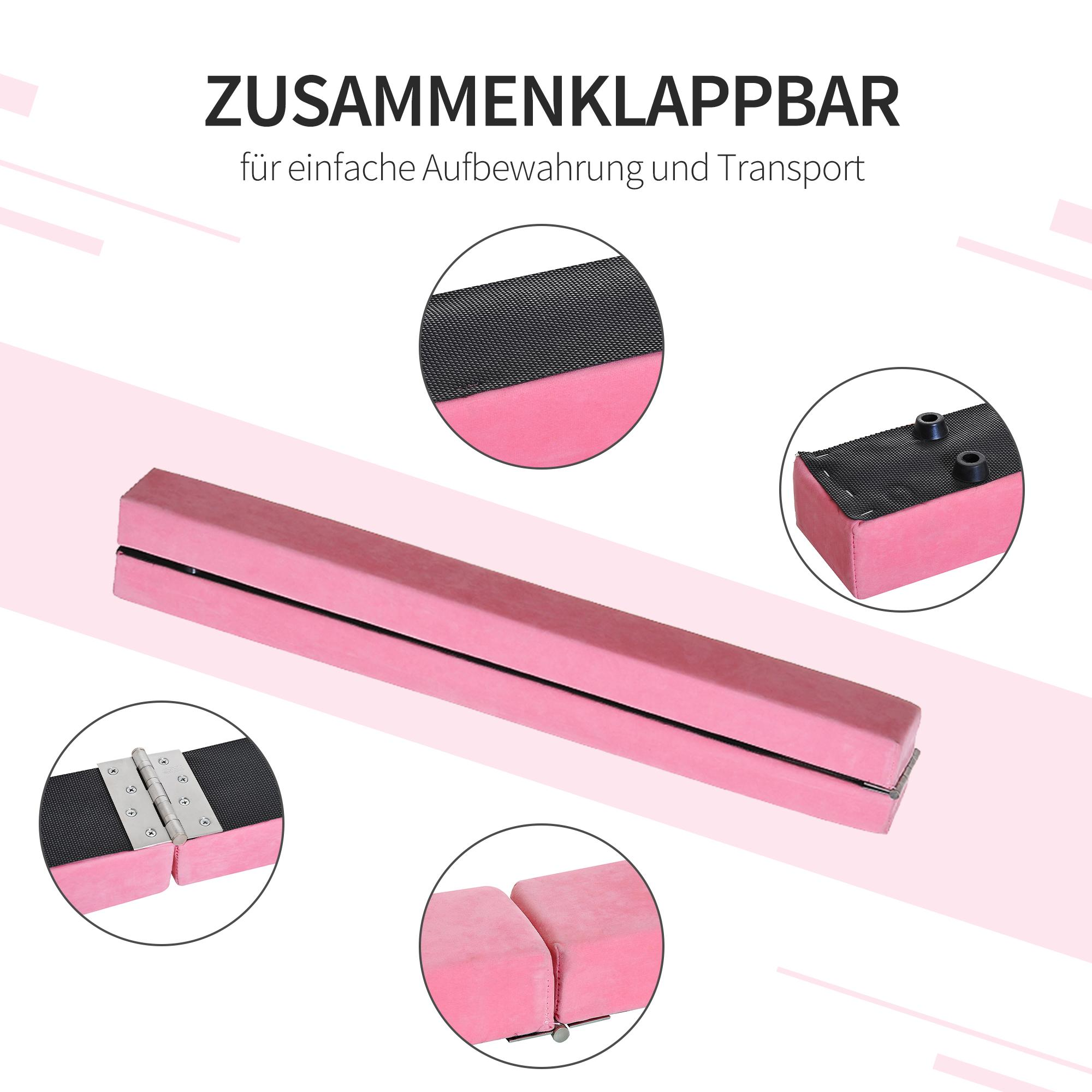 Rosa Turnbalken mit schwarzer rutschfester Oberfläche, gefaltet und mit Nahaufnahmen von Scharnieren und Oberfläche.