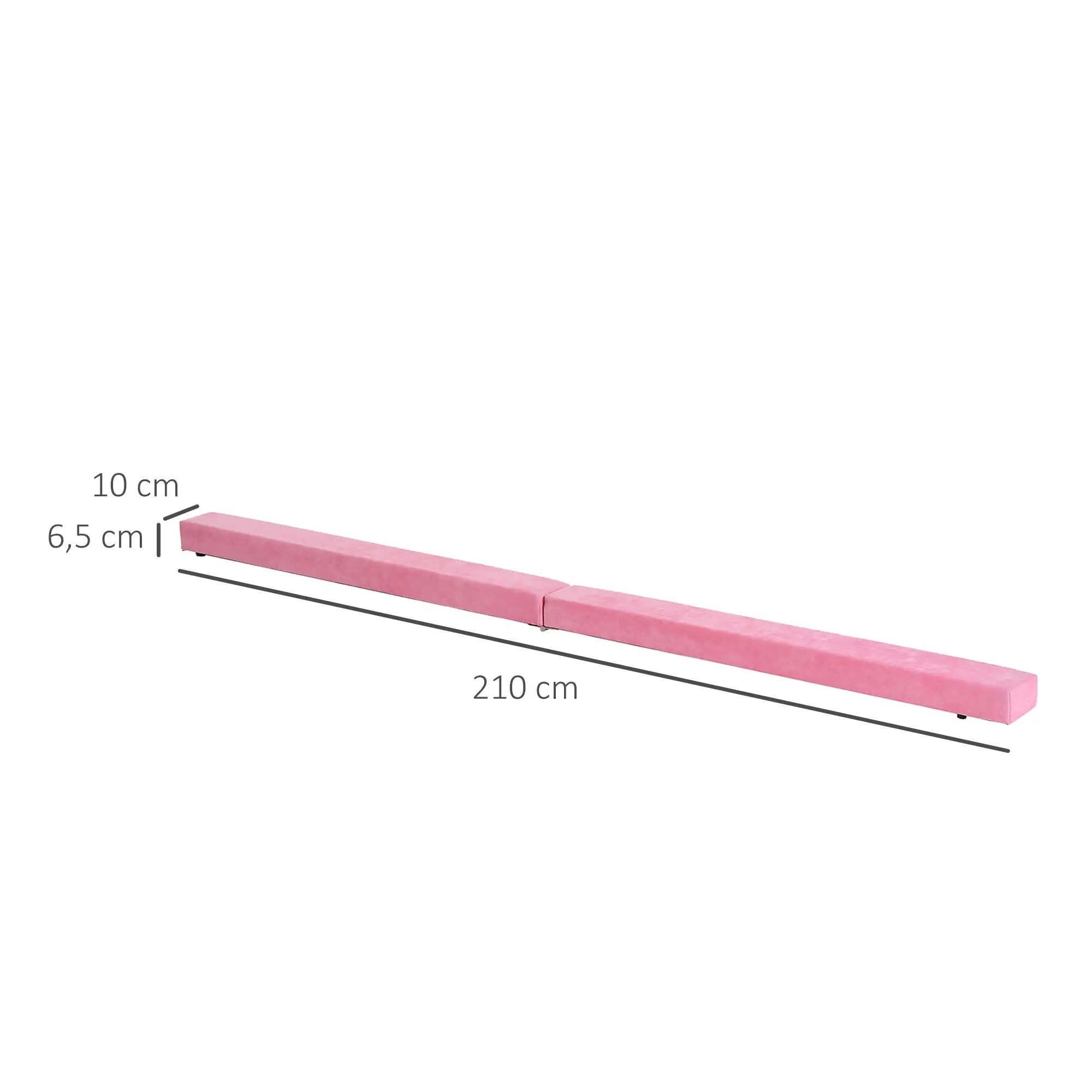 Ein rosa Schwebebalken, 210 cm lang, 10 cm hoch und 6,5 cm breit. Maße sind links angegeben.