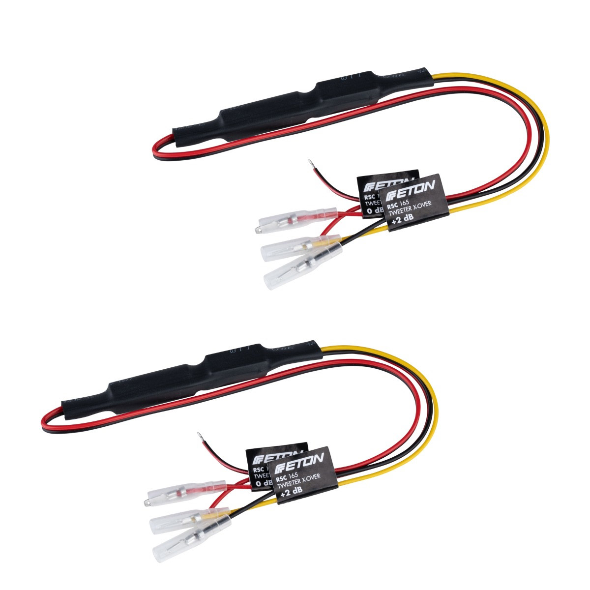 Zwei schwarze Lautsprecherweichen mit roten, gelben und schwarzen Drähten. Jede hat transparente Anschlüsse und ein Etikett mit der Aufschrift 'FETON'.