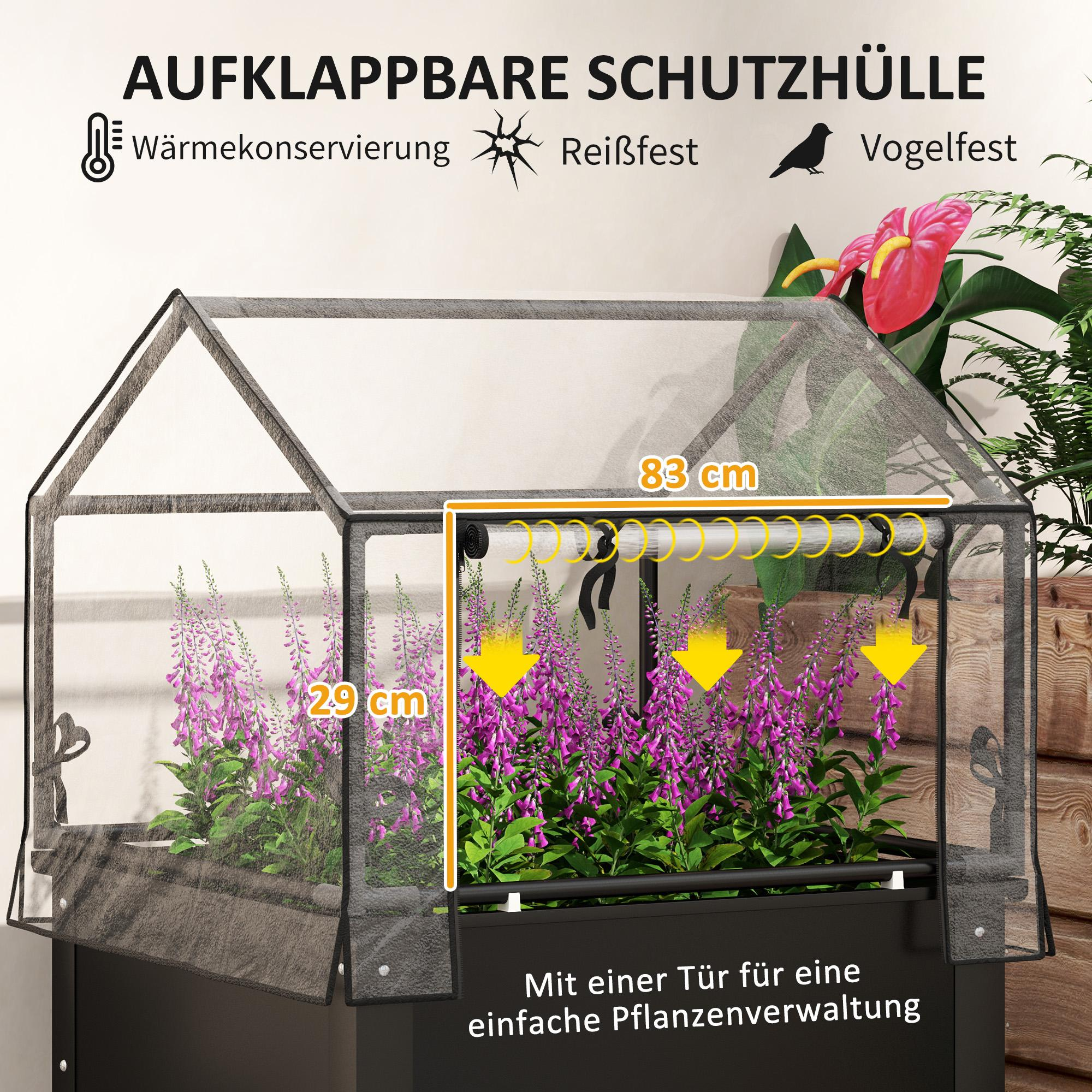 Ein kleines Gewächshaus mit lila Blumen und einer roten Blume. Es hat deutschen Text und Abmessungen.