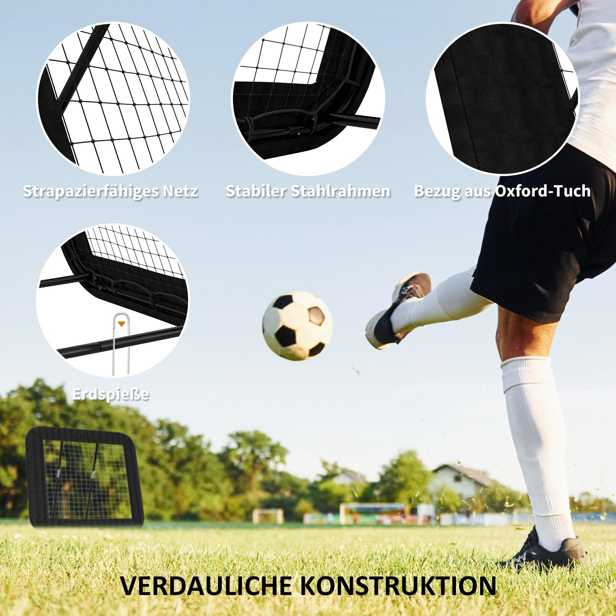 Ein Fußballspieler, der einen Ball tritt. Das Bild zeigt Details des Netzes, des Rahmens und der Erdspieße. Grünes Gras im Hintergrund.