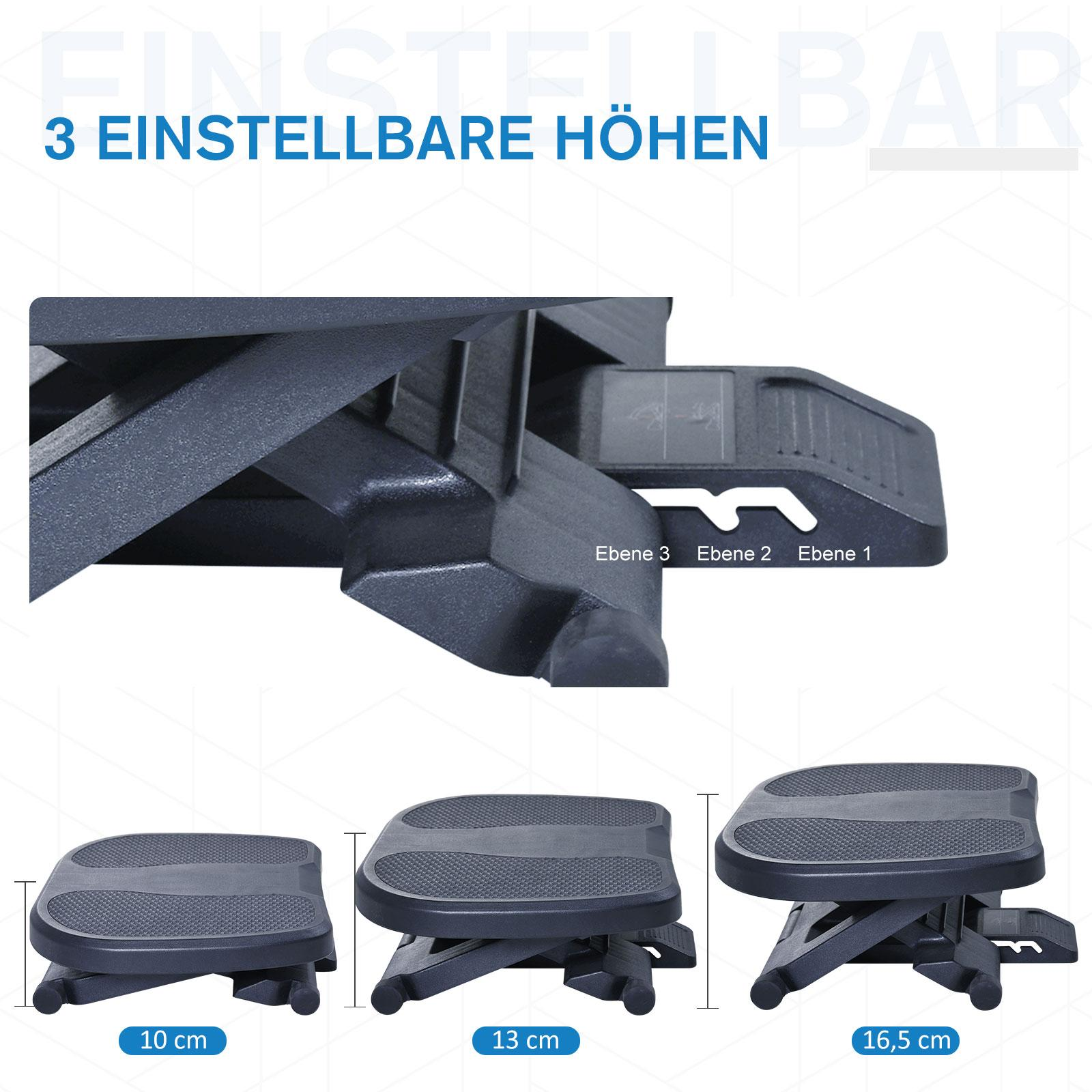 Fußstütze mit drei einstellbaren Höhen. Maße: 10 cm, 13 cm und 16,5 cm. Dunkelgrauer Kunststoff.